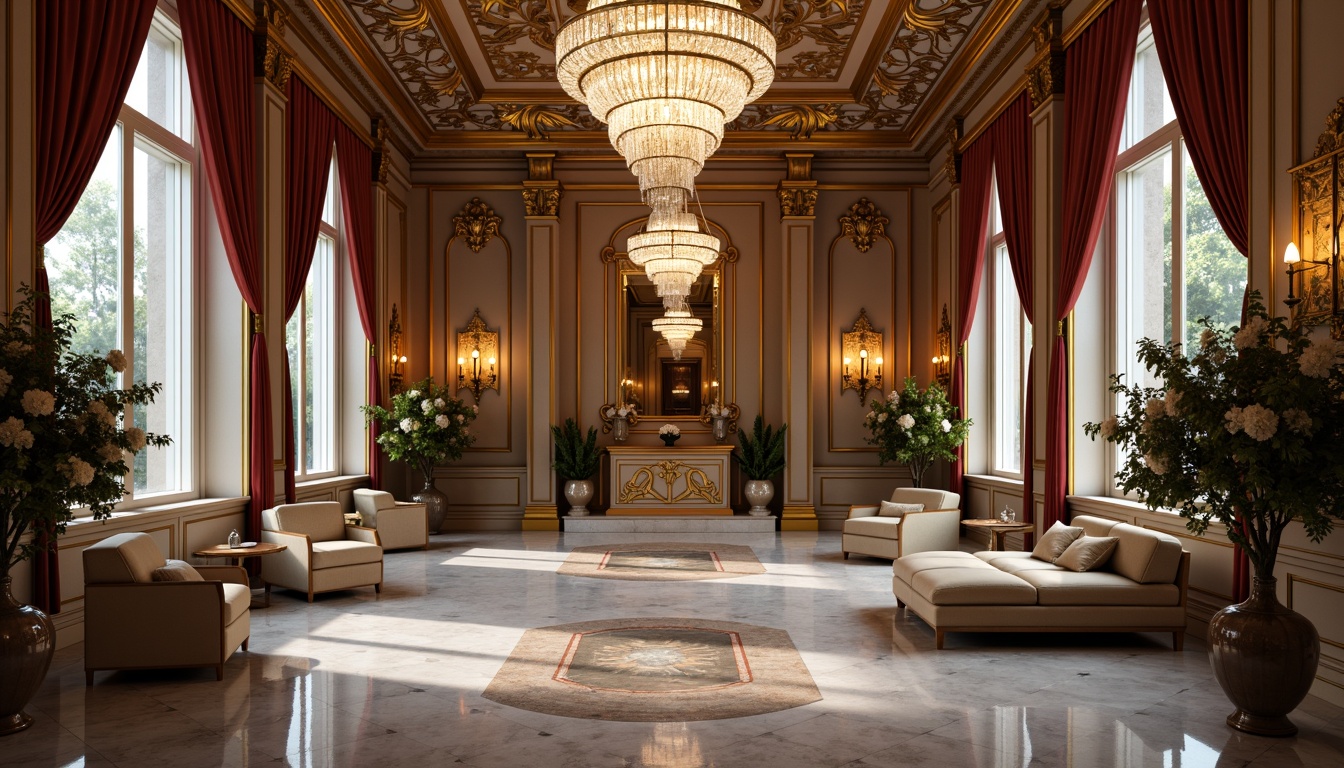 Prompt: Elegant luxury mansion, ornate gold fixtures, crystal chandeliers, rich velvet drapes, marble flooring, lavish furnishings, intricate moldings, statement walls, metallic accents, glass vases, exotic flowers, soft warm lighting, shallow depth of field, 1/2 composition, realistic textures, ambient occlusion.