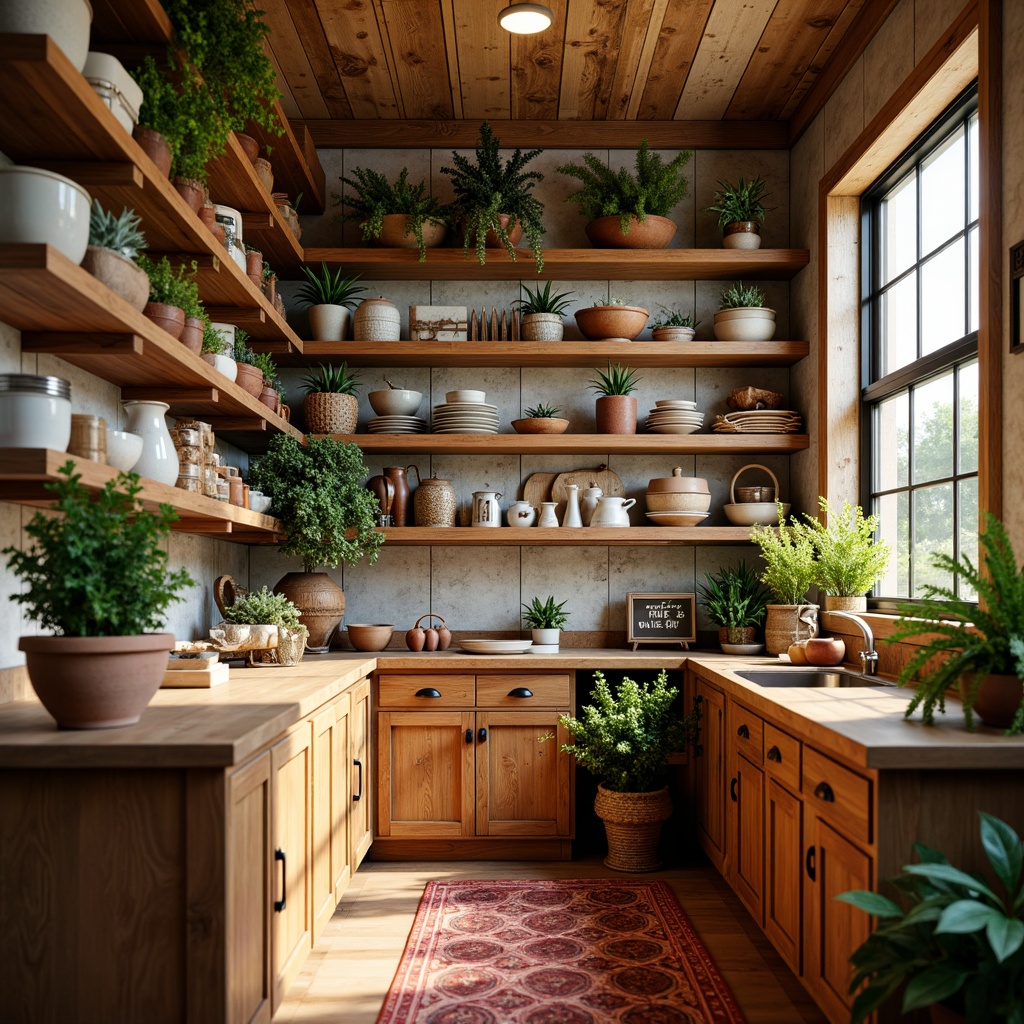 Prompt: Vibrant pantry, warm golden lighting, rustic wooden shelves, distressed finishes, earthy terracotta pots, lush greenery, fresh herbs, bold red accents, creamy whites, soft blues, natural textures, woven baskets, vintage metal signs, industrial-chic decor, open shelving, decorative ceramics, ambient occlusion, shallow depth of field, 3/4 composition, realistic render.