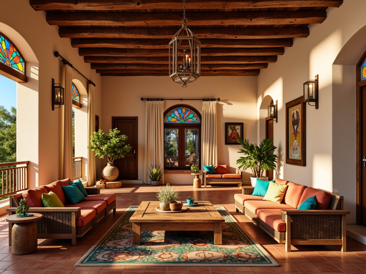 Prompt: Vibrant southwestern villa, rustic wooden beams, earthy terracotta floors, colorful stained glass windows, intricate geometric patterns, warm golden lighting, cozy seating areas, plush velvet sofas, ornate wooden furniture, turquoise accents, woven Native American textiles, natural fiber rugs, desert botanicals, cacti plants, warm beige walls, soft cream curtains, elegant archways, rustic metal lanterns, sunny afternoon, shallow depth of field, 1/1 composition, realistic reflections.