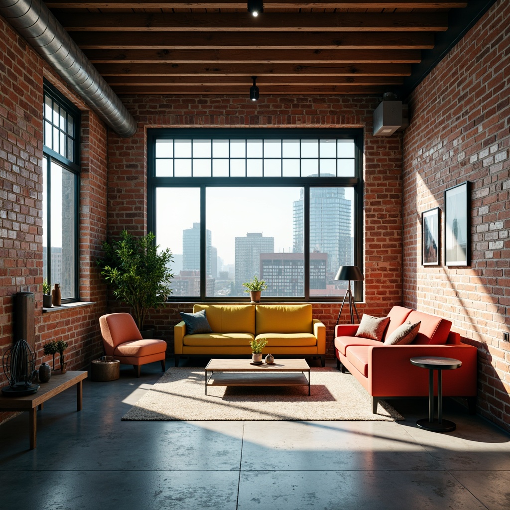 Prompt: Industrial chic loft space, exposed brick walls, polished concrete floors, steel beams, reclaimed wood accents, minimalist decor, pops of vibrant turquoise, bold yellow, and deep coral, modern brutalist architecture, urban cityscape views, natural light pouring in through large windows, dramatic shadows, low-key warm lighting, 1/2 composition, atmospheric misting effect.