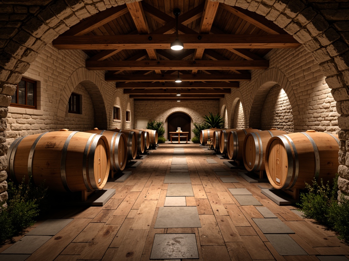 Prompt: Rustic wine cellar, reclaimed wood flooring, distressed wooden planks, earthy tone stones, natural slate tiles, warm lighting, dim ambiance, wooden wine barrels, vintage metal accents, brick walls, stone archways, rustic wooden beams, soft candlelight, shallow depth of field, 1/1 composition, realistic textures, ambient occlusion.