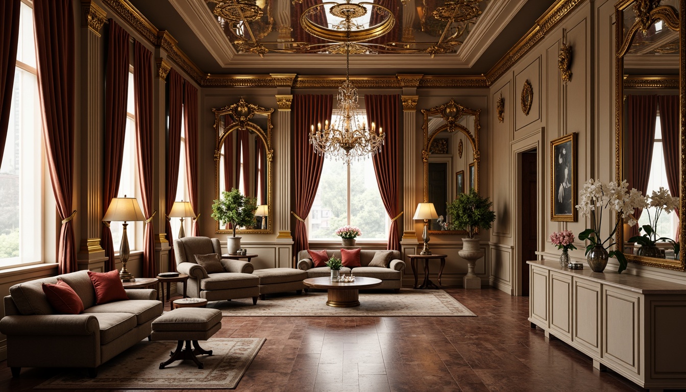 Prompt: Elegant neoclassical interior, ornate mirrors, intricately carved wooden furniture, velvet upholstery, gilded frames, crystal chandeliers, marble countertops, luxurious fabrics, subtle color palette, classic proportions, symmetrical composition, warm soft lighting, subtle texture variations, 1/2 composition, shallow depth of field, realistic reflections.