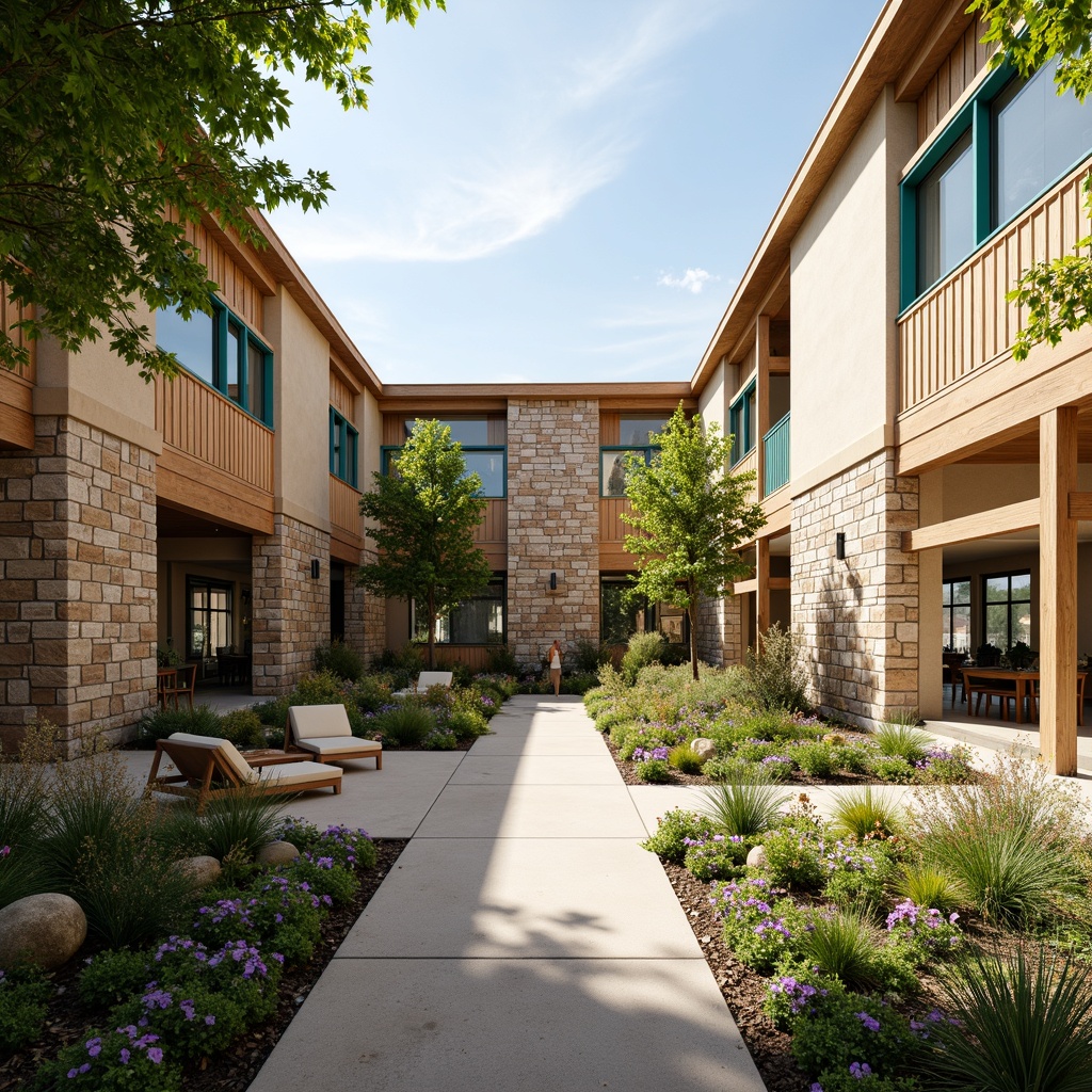 Prompt: Earthy community center, natural stone fa\u00e7ade, warm beige walls, rustic wooden accents, vibrant turquoise trim, inviting courtyard, lush greenery, blooming flowers, outdoor seating areas, shaded walkways, soft warm lighting, shallow depth of field, 3/4 composition, panoramic view, realistic textures, ambient occlusion.