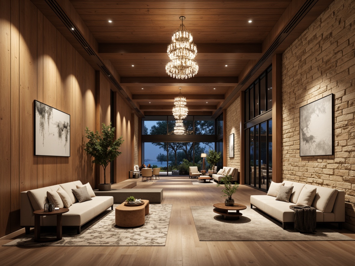 Prompt: Earth-toned accent walls, natural stone textures, rich wood paneling, sleek metal fixtures, sophisticated chandeliers, plush area rugs, neutral color palette, comfortable seating areas, statement furniture pieces, elegant ceiling details, subtle patterns, warm ambient lighting, soft shadows, 1/2 composition, realistic rendering, atmospheric perspective.