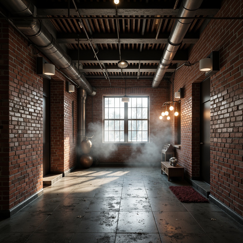 Prompt: Exposed brick walls, metal beams, industrial pipes, urban loft atmosphere, reclaimed wood accents, vintage factory windows, distressed concrete floors, metal grid ceilings, dramatic overhead lighting, suspended pendant lamps, Edison bulbs, warm soft glow, atmospheric mist, shallow depth of field, 1/2 composition, cinematic mood, realistic textures, ambient occlusion.