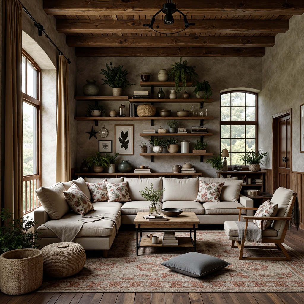 Prompt: Rustic farmhouse, vintage decor, eclectic mix, distressed wood accents, natural stone walls, plush throw blankets, woven baskets, floral patterns, earthy tones, soft candlelight, warm cozy atmosphere, textured rugs, velvet pillows, linen upholstery, botanical prints, antique furniture pieces, faded denim fabrics, burlap drapes, reclaimed wood shelves, industrial metal lighting, moody color palette, rustic wooden beams, natural fiber textiles.