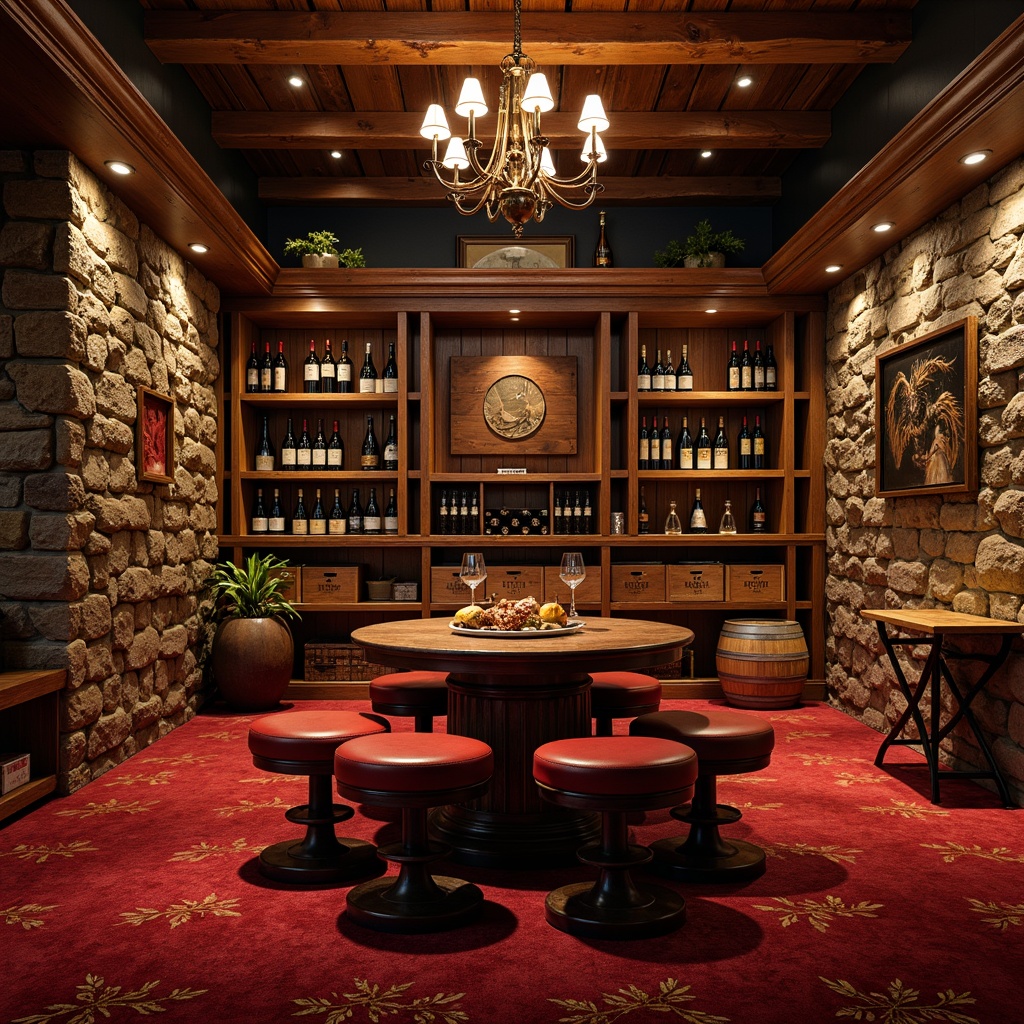 Prompt: Elegant wine cellar, rustic wood racks, temperature-controlled storage, dimmable LED lighting, stone walls, wooden barrels, vintage wine crates, leather-bound wine tomes, rich red carpeting, intimate seating area, wooden tasting table, comfortable velvet stools, ornate metalwork, decorative grapevine patterns, ambient soft glow, shallow depth of field, 1/1 composition, realistic textures.