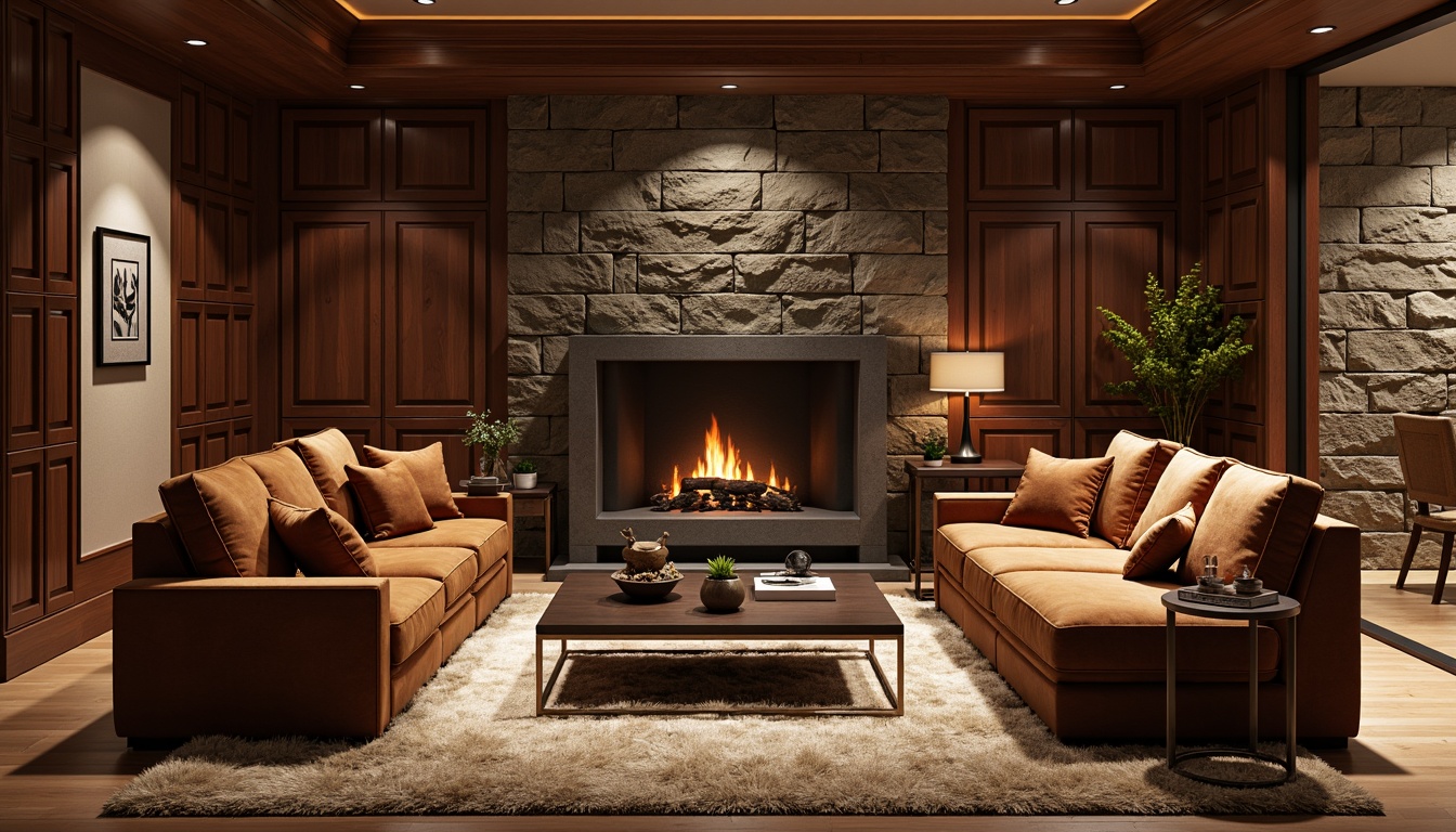 Prompt: Luxurious living room, rich wood paneling, smooth velvet sofas, rugged stone walls, soft plush carpets, metallic accent tables, sleek glass coffee tables, natural fiber rugs, warm ambient lighting, dramatic shadows, 3/4 composition, shallow depth of field, realistic textures, ambient occlusion.