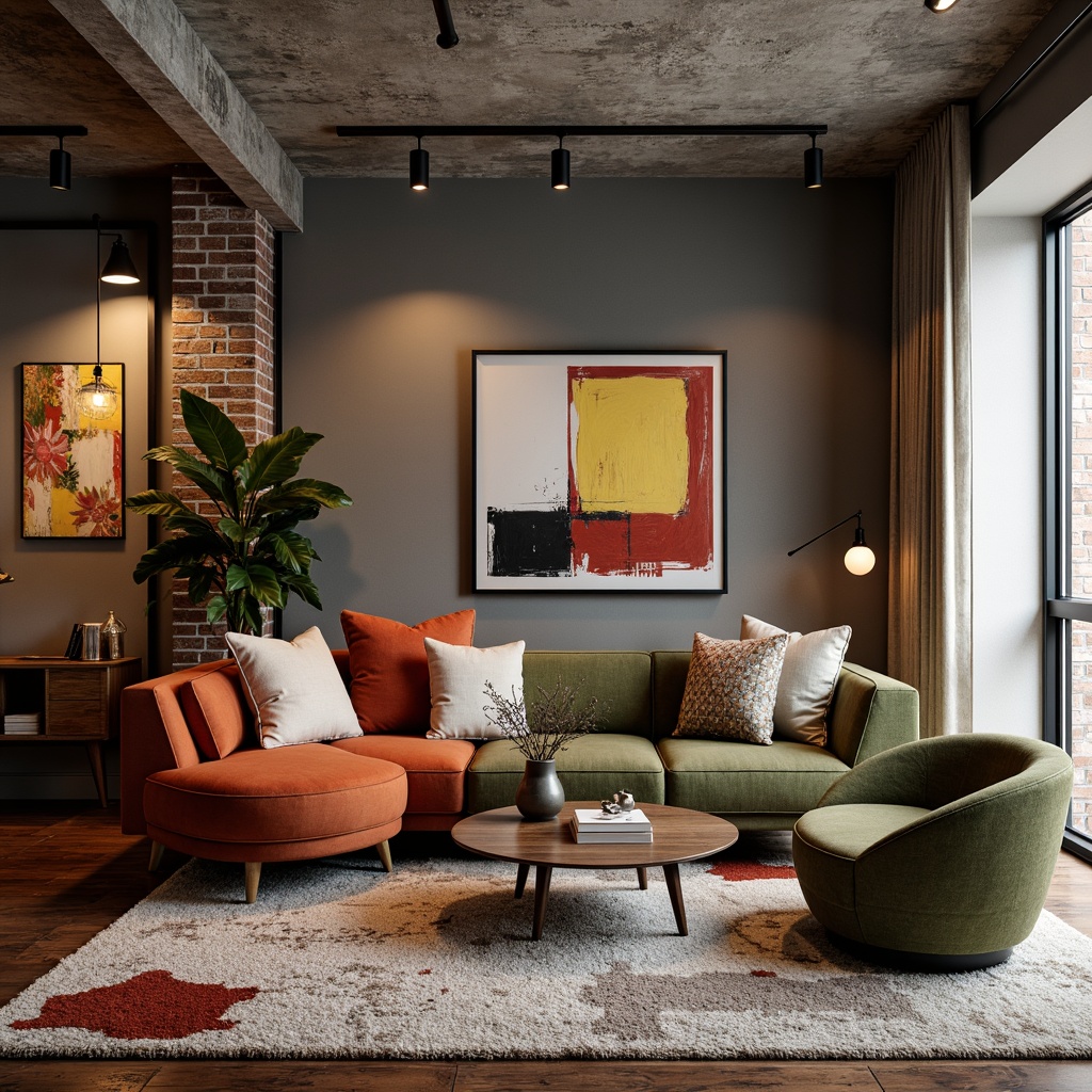 Prompt: Eclectic living room, bold color scheme, statement furniture pieces, mixed metallic accents, brass lighting fixtures, reclaimed wood flooring, plush area rugs, velvety soft sofas, abstract artwork, geometric patterned throw pillows, industrial chic decor, exposed brick walls, polished concrete ceilings, warm ambient lighting, 1/1 composition, shallow depth of field, realistic textures.