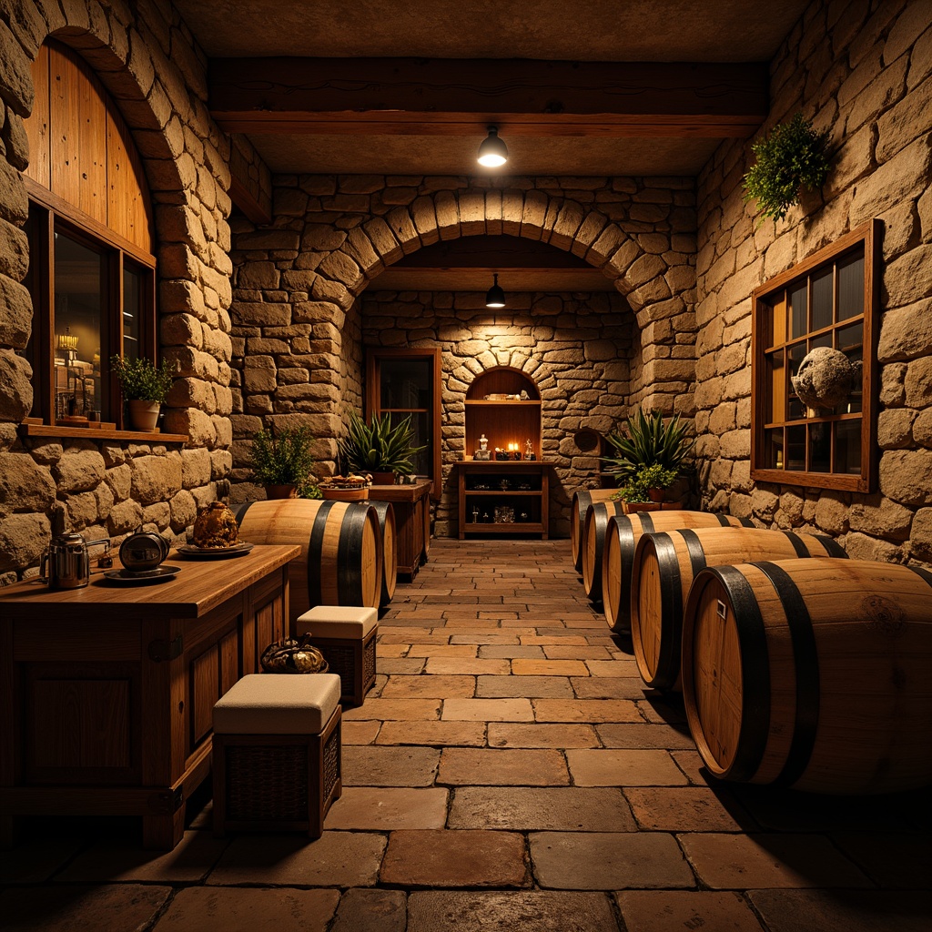 Prompt: Rustic wine cellar, earthy tone, wooden crates, dim lighting, stone walls, natural rock formations, reclaimed wood flooring, distressed plank boards, rustic metal accents, vintage wine barrels, brick archways, warm candlelight, rich leather textures, aged wooden furniture, worn stone pathways, earthy scent, cozy ambiance, 3/4 composition, shallow depth of field, warm color palette.