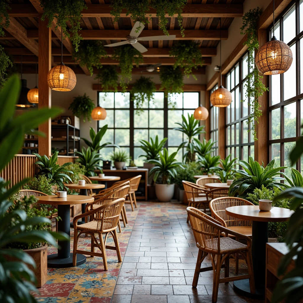 Prompt: Vibrant tropical coffee shop, rattan furniture, woven bamboo chairs, reclaimed wood tables, colorful ceramic tiles, lush greenery, exotic plants, natural fiber textiles, wicker lighting fixtures, wooden accents, earthy tones, cozy atmosphere, warm ambient lighting, shallow depth of field, 1/1 composition, realistic textures, soft focus, inviting ambiance.