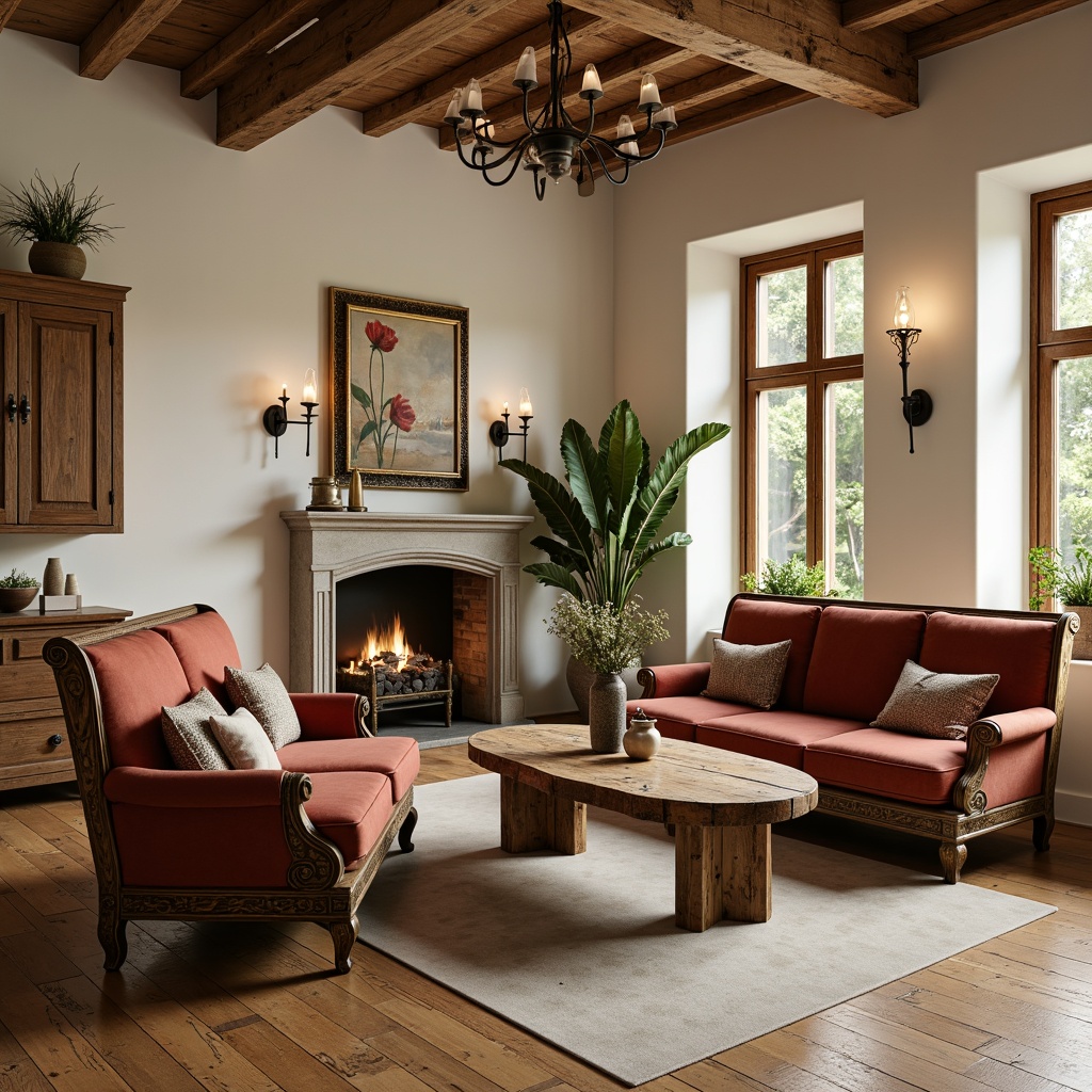 Prompt: Rustic wooden furniture, distressed finishes, soft velvet upholstery, elegant curved legs, ornate carvings, creamy white walls, vintage decor accents, warm beige flooring, natural stone fireplaces, lush greenery, romantic chandeliers, soft candlelight, 3/4 composition, intimate cozy atmosphere, shallow depth of field, realistic textures, ambient occlusion.