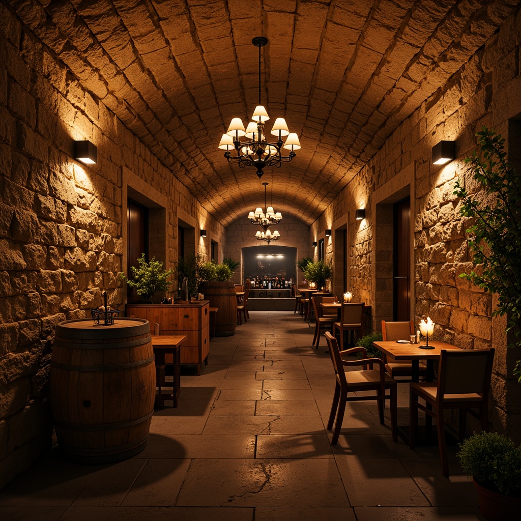 Prompt: Earthy wine cellar, rustic stone walls, wooden barrels, dimly lit ambiance, warm golden lighting, soft candlelight, elegant chandeliers, industrial metal fixtures, rich wood accents, vintage wine crates, dusty bottles, intimate seating areas, cozy corner nooks, dramatic shadows, low-key backlighting, 1/1 composition, realistic textures, ambient occlusion.