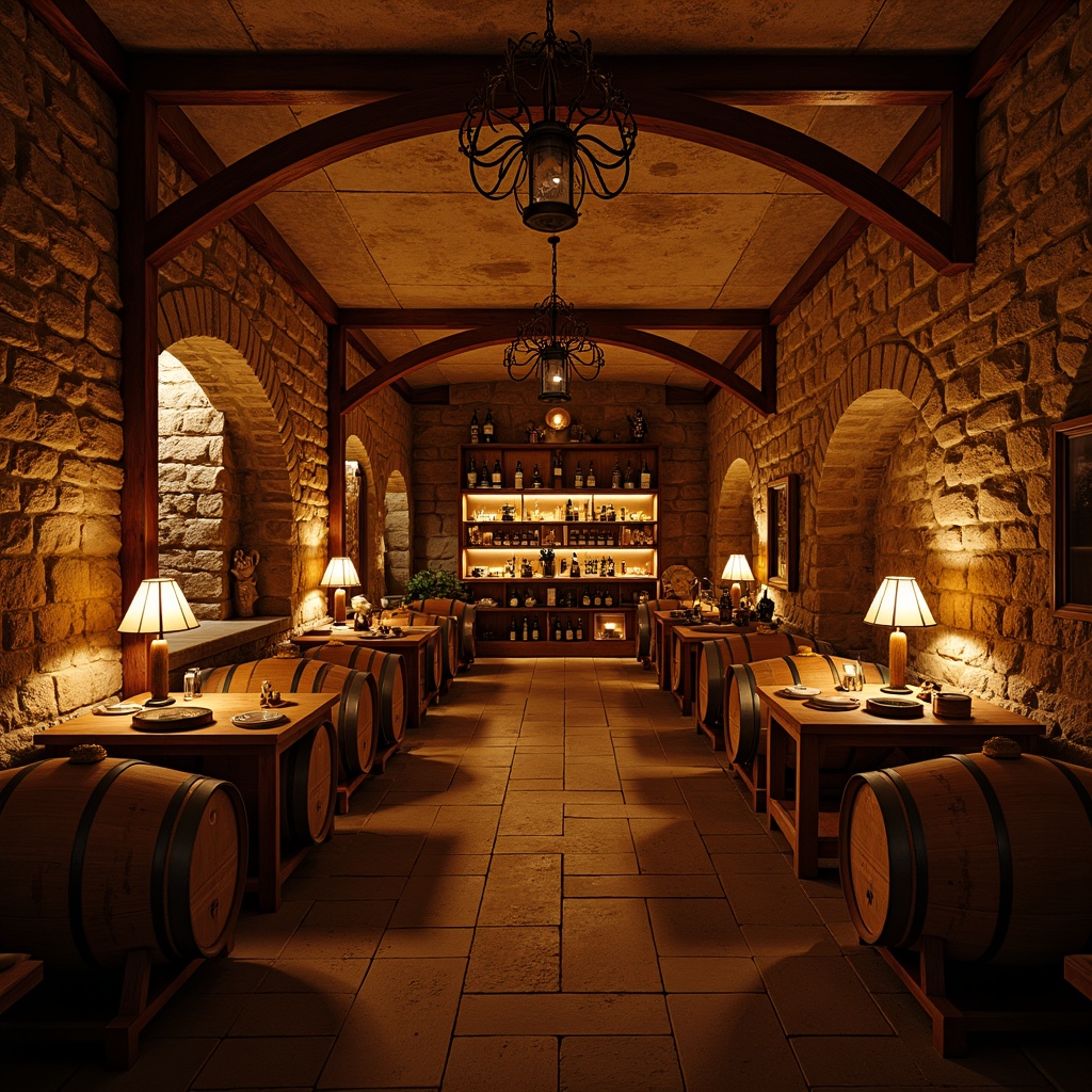 Prompt: Rustic wine cellar, wooden barrels, dimly lit atmosphere, warm earthy tones, stone walls, brick arches, wooden crates, vintage wine bottles, soft golden lighting, table lamps, floor lanterns, pendant lights, metal chandeliers, candlelight, warm color temperatures, low ceilings, intimate ambiance, rich textures, cozy nooks, rustic wood accents, natural stone floors, aged wooden beams, elegant wine racks, sophisticated decor.