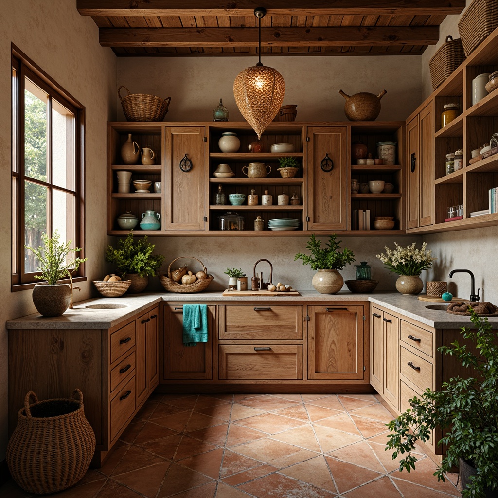 Prompt: Warm Mediterranean style pantry, rich wood tones, distressed finishes, ornate metalwork, rustic ceramics, vibrant turquoise accents, woven baskets, natural stone countertops, earthy terracotta floors, soft warm lighting, subtle shadows, 3/4 composition, realistic textures, ambient occlusion.