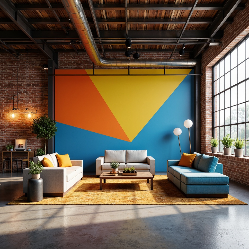 Prompt: Vibrant industrial warehouse, exposed brick walls, metal beams, polished concrete floors, bright color accents, pop of yellow, splash of orange, bold blue tones, geometric patterns, urban loft atmosphere, modern minimalist decor, reclaimed wood furniture, Edison bulb lighting, open concept layout, high ceilings, natural light pouring in, shallow depth of field, 1/1 composition, soft warm glow, realistic textures.