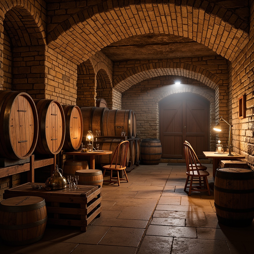 Prompt: Rustic wine cellar, stone walls, wooden barrels, vintage wine crates, dim warm lighting, earthy tone colors, natural brick arches, distressed wood textures, metal lanterns, candlelit ambiance, rich wood accents, cozy nooks, intimate seating areas, weathered wooden doors, ornate ironwork, soft warm glow, 1/2 composition, realistic wood grain, atmospheric fog effects.