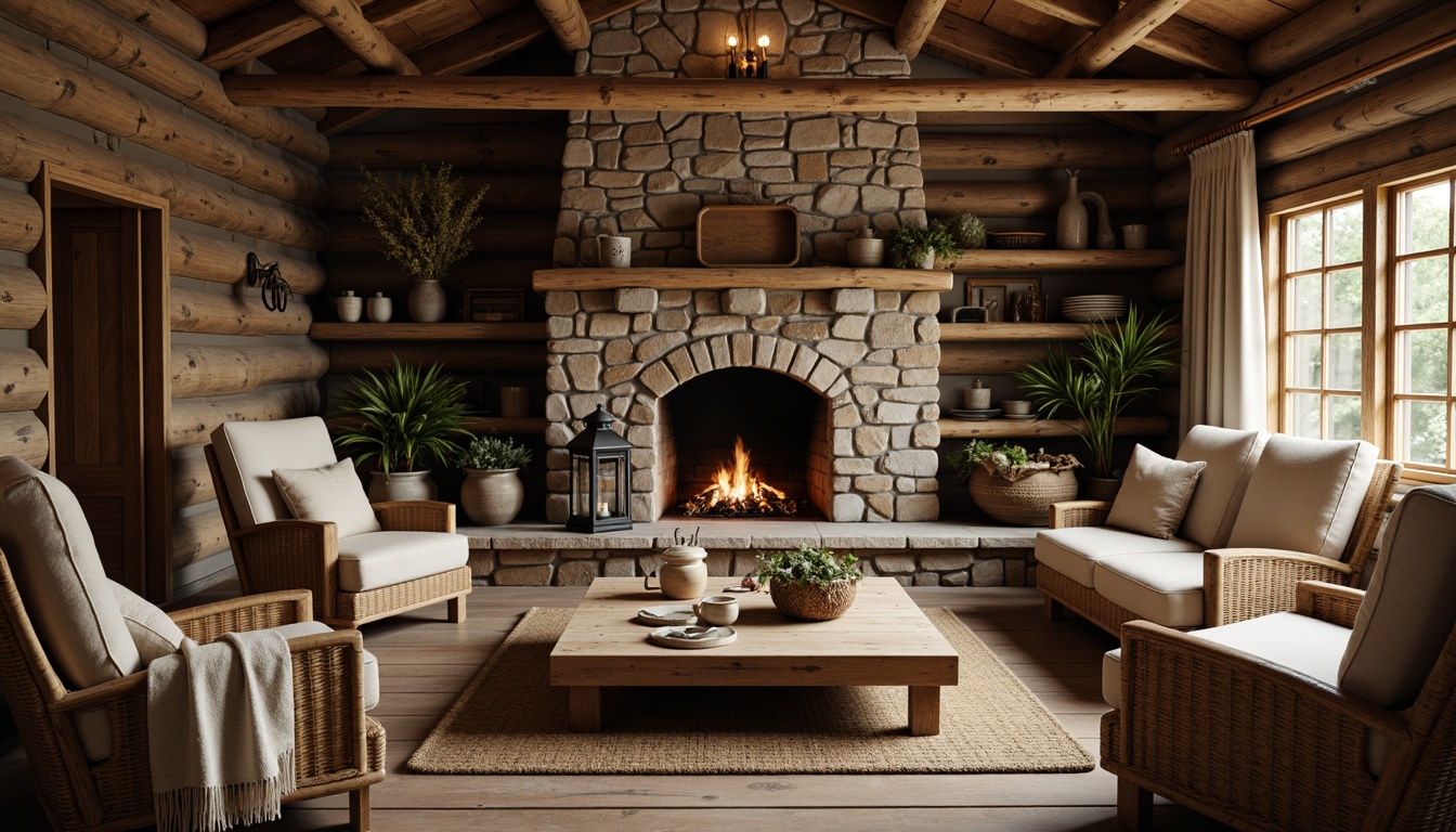 Prompt: Rustic wooden cabin, distressed finishes, earthy tones, natural textures, vintage decor, antique furniture pieces, reclaimed wood accents, stone fireplaces, woven wicker chairs, plush throw blankets, linen upholstery, metal lanterns, candlelight ambiance, warm cozy atmosphere, soft focus, shallow depth of field, 2/3 composition, earthy color palette.