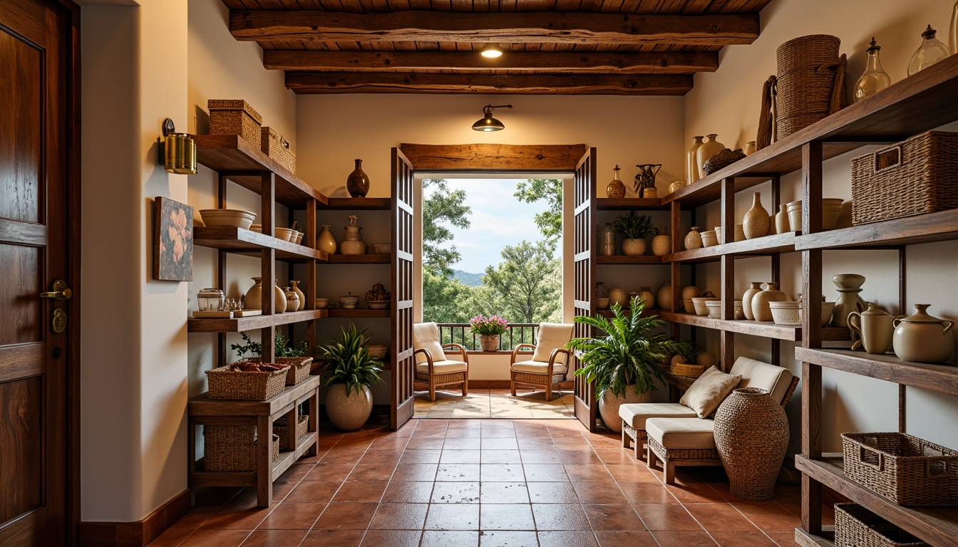 Prompt: Warm Mediterranean pantry, earthy terracotta floors, rustic wooden shelves, distressed finishes, ornate metal hardware, woven wicker baskets, ceramic storage jars, natural linen fabrics, soft warm lighting, shallow depth of field, 3/4 composition, panoramic view, realistic textures, ambient occlusion.