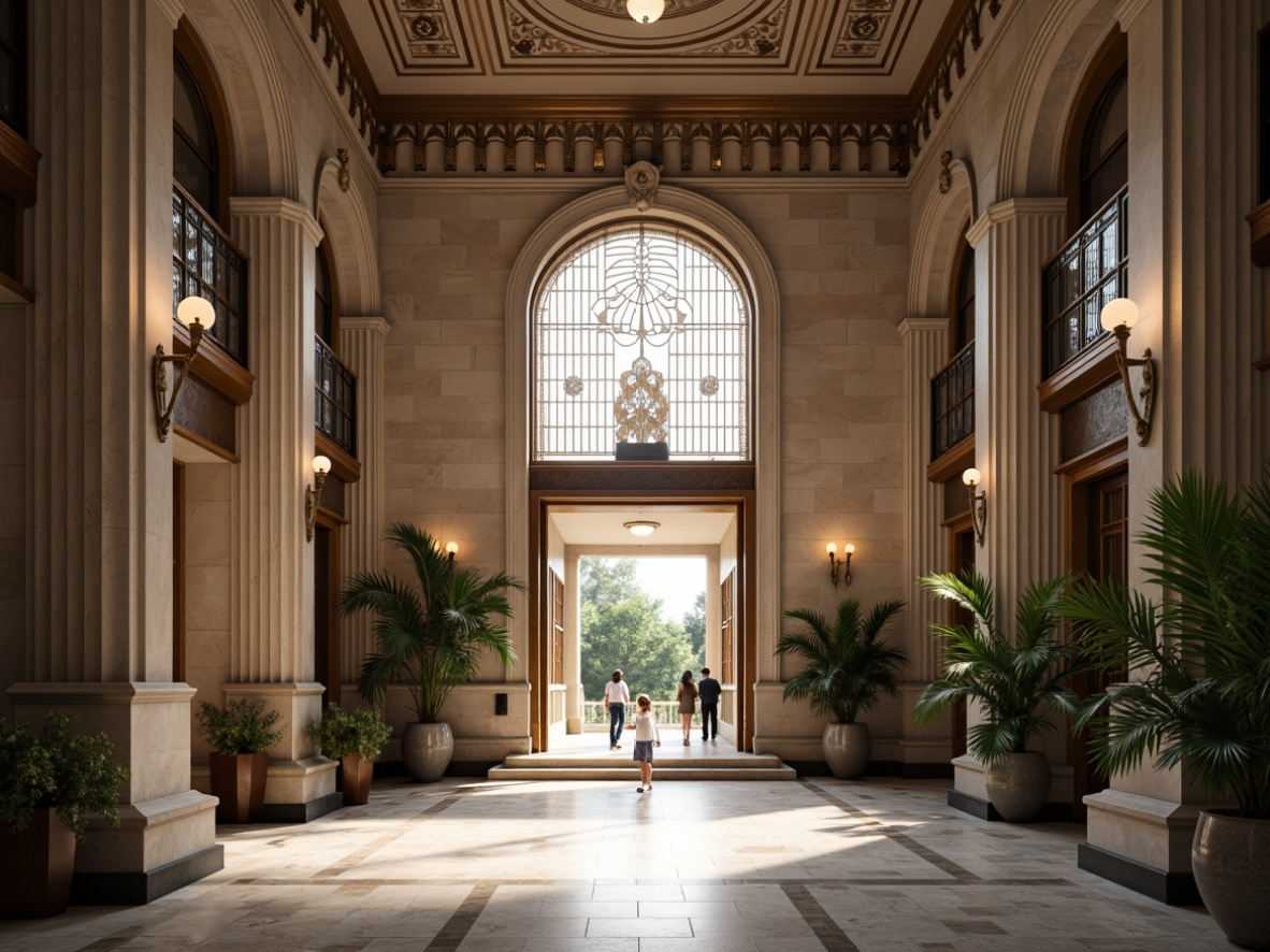 Prompt: Elegant bank building facade, grand entrance, ornate columns, intricately carved stonework, symmetrical composition, arched windows, stained glass details, subtle Art Deco influences, luxurious marble flooring, high ceilings, spacious atrium, natural light pouring in, soft warm glow, 1/1 composition, shallow depth of field, realistic textures, ambient occlusion.