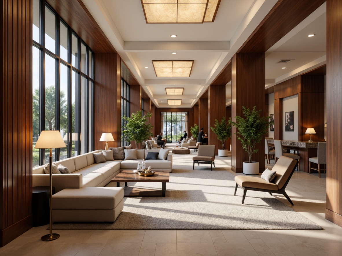 Prompt: Elegant bank interior, transitional style furniture, rich wood tones, luxurious upholstery, sleek metal accents, sophisticated lighting fixtures, refined marble countertops, plush area rugs, neutral color palette, high ceilings, large windows, natural light, 1/2 composition, shallow depth of field, soft warm lighting, realistic textures, ambient occlusion.