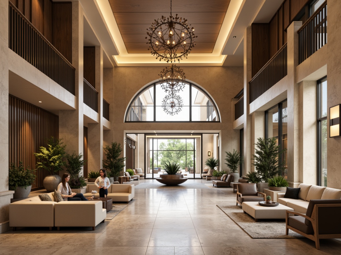 Prompt: Spacious bank lobby, high ceilings, natural stone flooring, wooden accents, modern chandeliers, comfortable seating areas, minimalist decor, sleek metal railings, open floor plan, flowing curves, organic shapes, earthy color palette, abundant natural light, soft warm lighting, 1/1 composition, shallow depth of field, realistic textures, ambient occlusion.