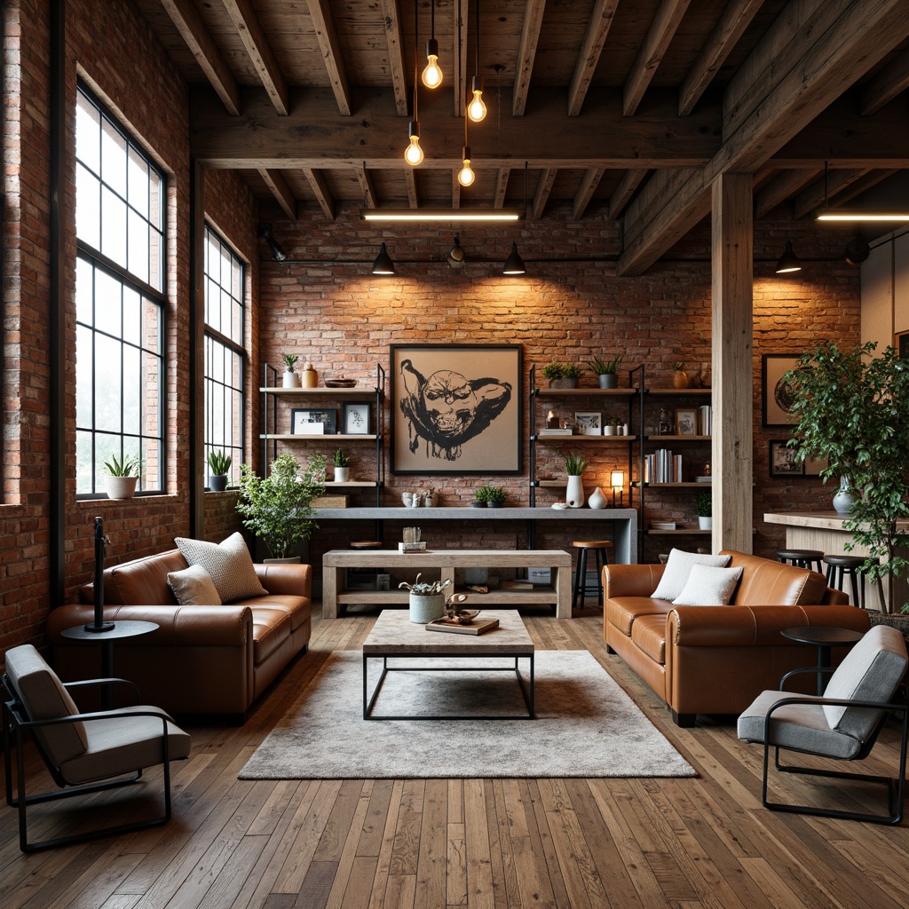 Prompt: Rustic industrial loft, exposed brick walls, metal beams, reclaimed wood floors, distressed leather sofas, vintage metal chairs, Edison bulb lamps, urban minimalist decor, functional steel shelving, concrete coffee tables, industrial-style lighting fixtures, metal drum pendant lights, rough-hewn wooden benches, worn-out rugs, natural stone accents, warm earthy tones, shallow depth of field, 3/4 composition, realistic textures, ambient occlusion.