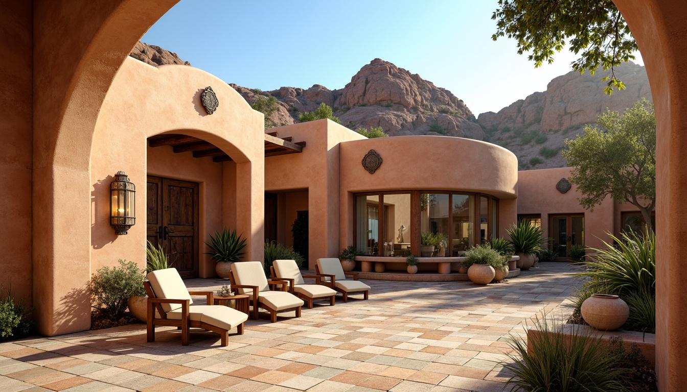 Prompt: Adobe earth-toned stucco walls, curved Spanish-style arches, ornate wooden doors, rustic metal accents, vibrant turquoise tiles, decorative pottery, Southwestern-inspired textiles, cactus plants, warm sandy terrain, clear blue skies, dramatic rock formations, natural stone pathways, hacienda-style courtyards, clay roof tiles, earthy color palette, organic shapes, eclectic cultural patterns, warm golden lighting, shallow depth of field, 3/4 composition, panoramic view, realistic textures, ambient occlusion.