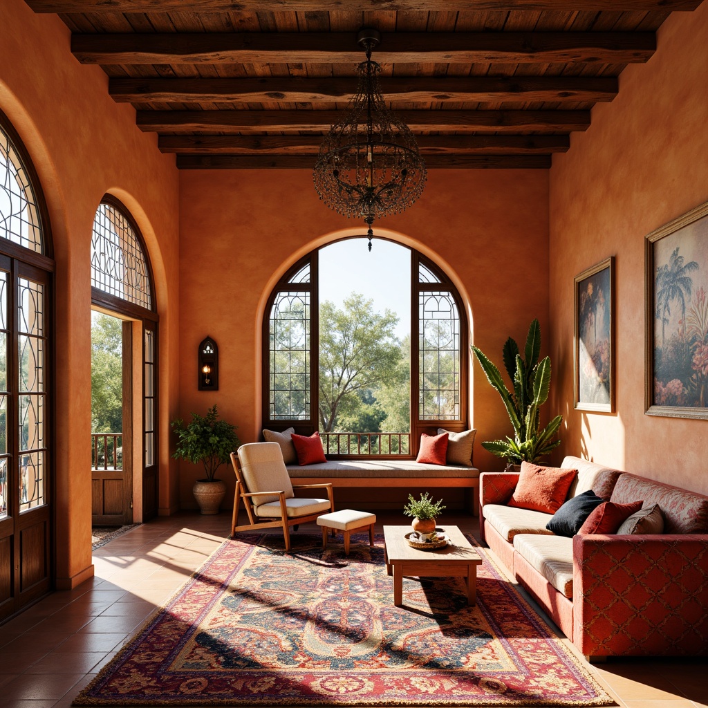 Prompt: Vibrant villa interior, southwestern style decor, stained glass windows, warm earthy tones, terracotta floors, rustic wooden beams, colorful textiles, geometric patterns, Moorish-inspired arches, ornate metalwork, soft warm lighting, shallow depth of field, 1/1 composition, realistic textures, ambient occlusion, cozy reading nooks, plush furniture, natural stone accents, desert landscape views, cactus plants, sunny day.