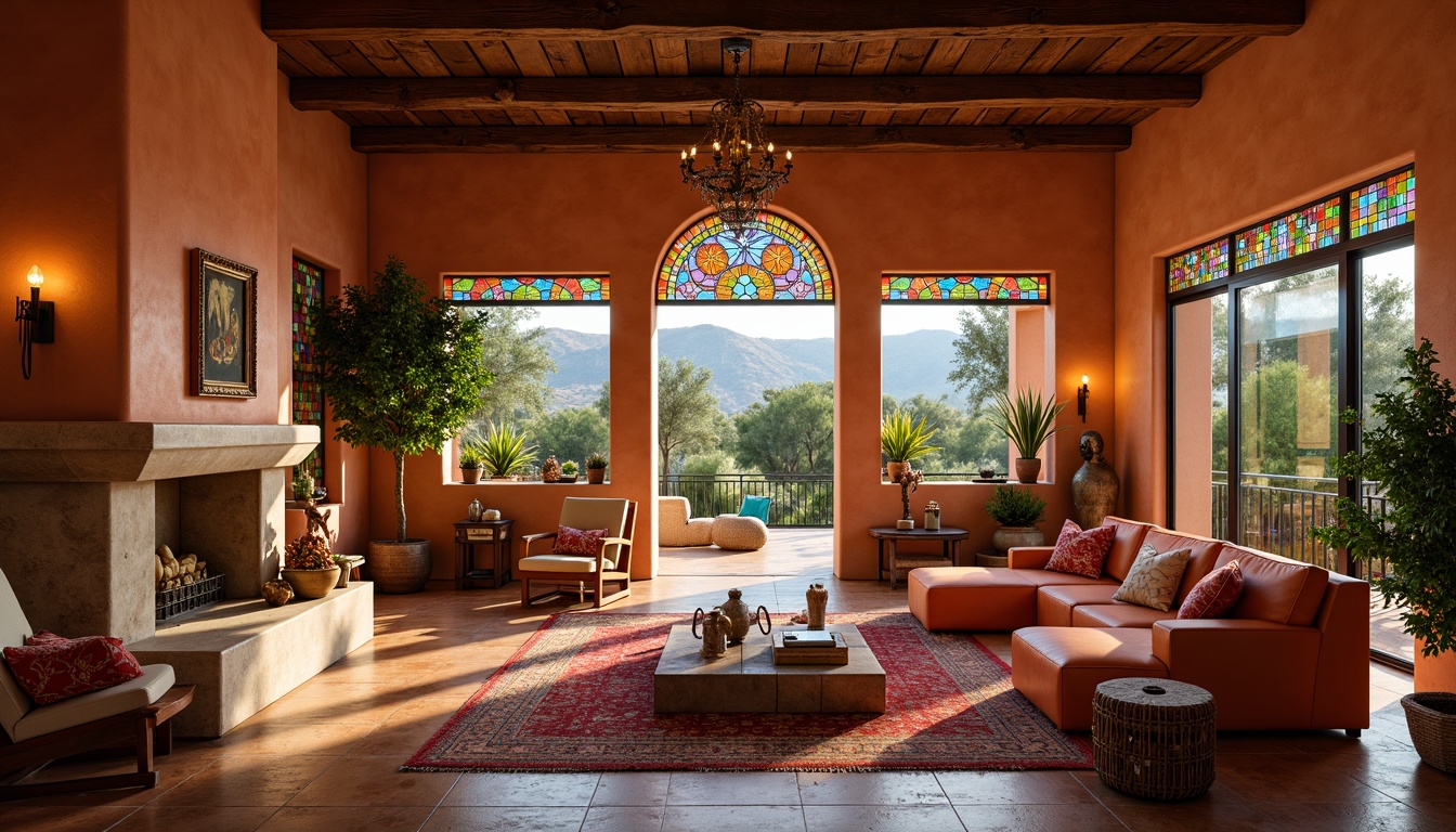 Prompt: Vibrant villa interior, southwestern style decor, stained glass windows, colorful geometric patterns, warm earthy tones, rustic wooden beams, terracotta floor tiles, plush area rugs, comfortable sectional sofas, natural stone fireplaces, ornate metal chandeliers, subtle warm lighting, soft focus, 1/1 composition, intimate atmosphere, cozy reading nooks, lush greenery, desert landscape views.