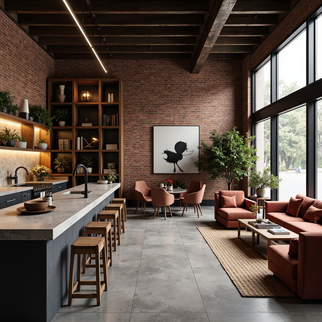 Prompt: Exposed brick walls, industrial metal beams, polished concrete floors, reclaimed wooden accents, minimalist decor, natural stone countertops, matte black fixtures, earthy color palette, warm ambient lighting, soft shadows, 3/4 composition, realistic textures, ambient occlusion, cozy reading nooks, plush velvet furniture, greenery accents, modern industrial chic.