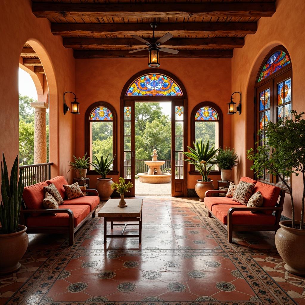 Prompt: Vibrant villa interior, southwestern style decor, stained glass windows, colorful mosaic patterns, warm desert hues, rustic wooden furniture, plush velvet upholstery, geometric tile flooring, intricate metalwork accents, arched doorways, ornate lighting fixtures, soft warm glow, shallow depth of field, 1/1 composition, realistic textures, ambient occlusion.