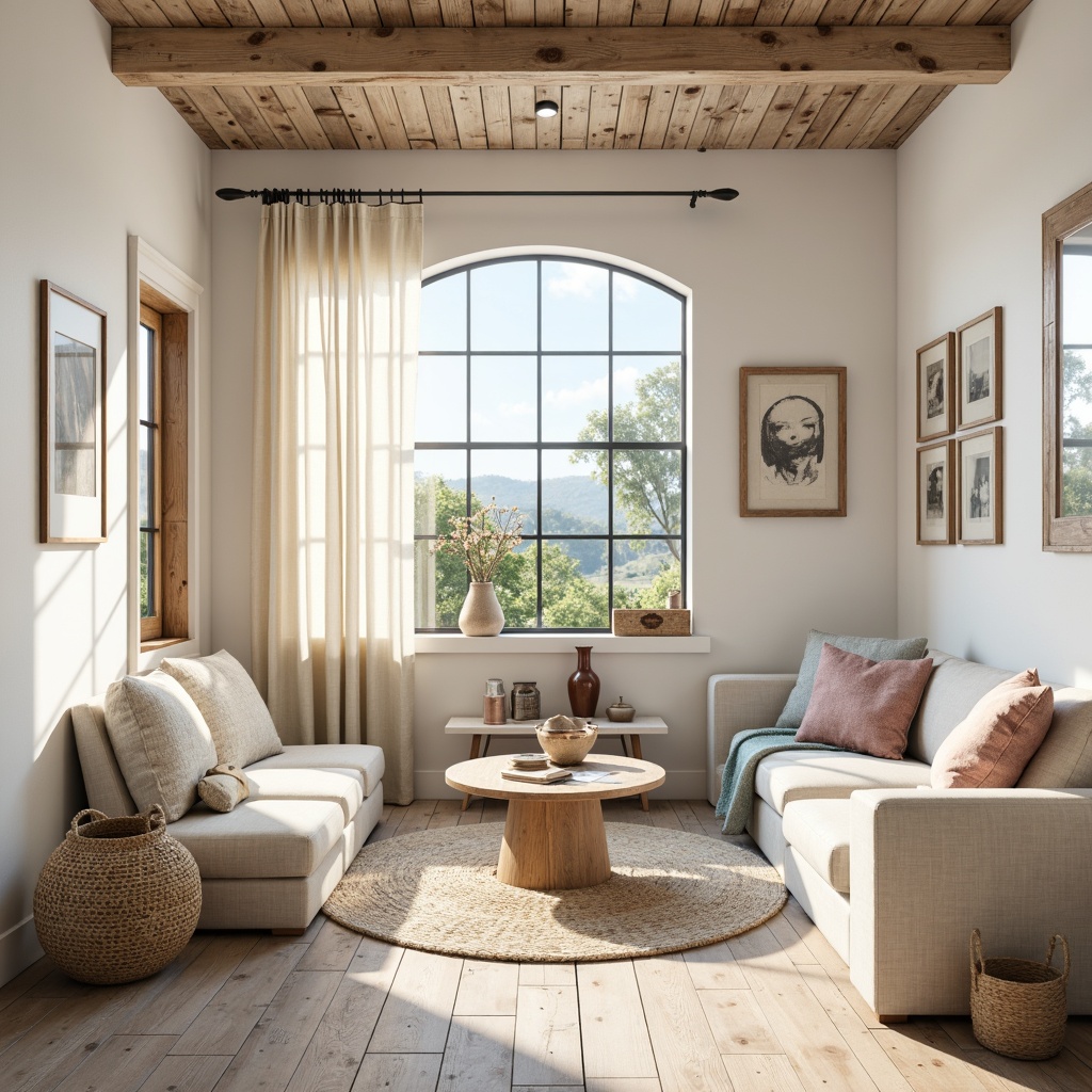 Prompt: Soft whites, creamy beiges, calming blues, warm yellows, gentle pinks, rustic woods, vintage metal accents, natural fabrics, woven baskets, minimalist decor, plenty of natural light, airy atmosphere, soft focus, shallow depth of field, 2/3 composition, realistic textures, ambient occlusion.