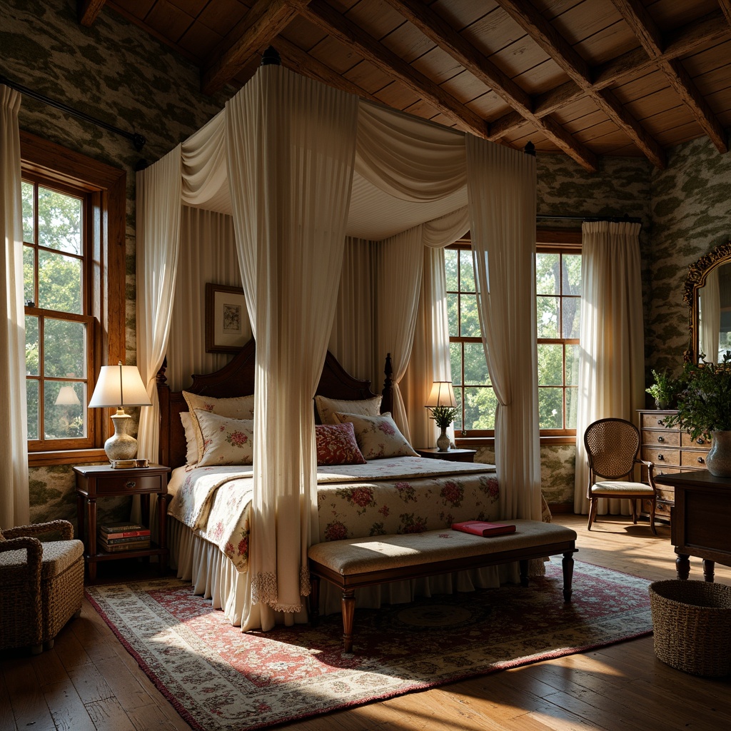 Prompt: Rustic countryside, vintage charm, distressed wood accents, soft warm lighting, plush velvet fabrics, natural linen textures, earthy tone color palette, floral patterns, subtle stripes, delicate lace trim, antique furniture pieces, ornate metal hardware, woven baskets, candlelit ambiance, cozy reading nooks, romantic canopy beds, aged stone walls, moss-covered gardens, serene forest surroundings.