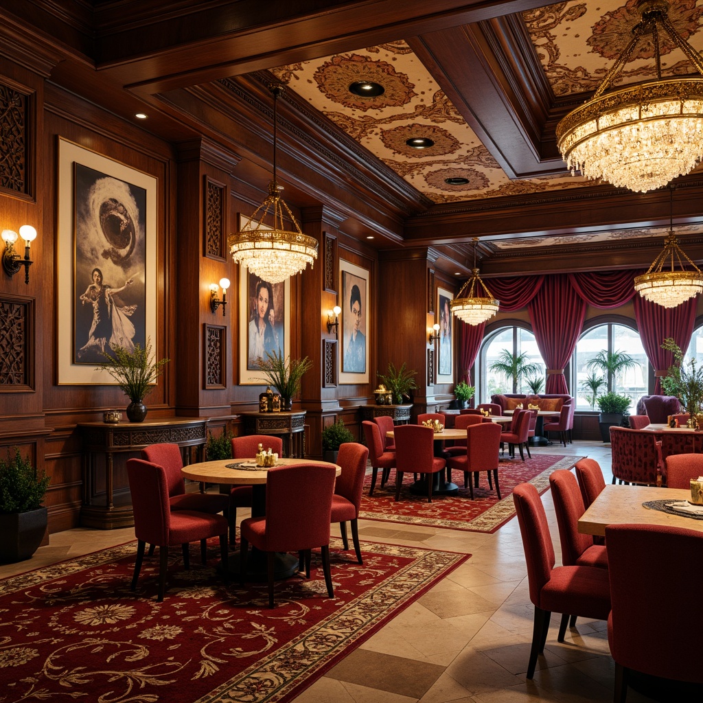 Prompt: Luxurious casino interior, rich wood tones, ornate carvings, velvet upholstery, gilded accents, Baroque-inspired patterns, lavish chandeliers, intricate moldings, grandiose scale, opulent fabrics, regal reds and golds, soft warm lighting, 1/1 composition, shallow depth of field, realistic textures, ambient occlusion, French Country rustic charm, distressed finishes, natural stone floors, ornate metalwork, lavish furnishings, eclectic decor, vibrant colorful accents.