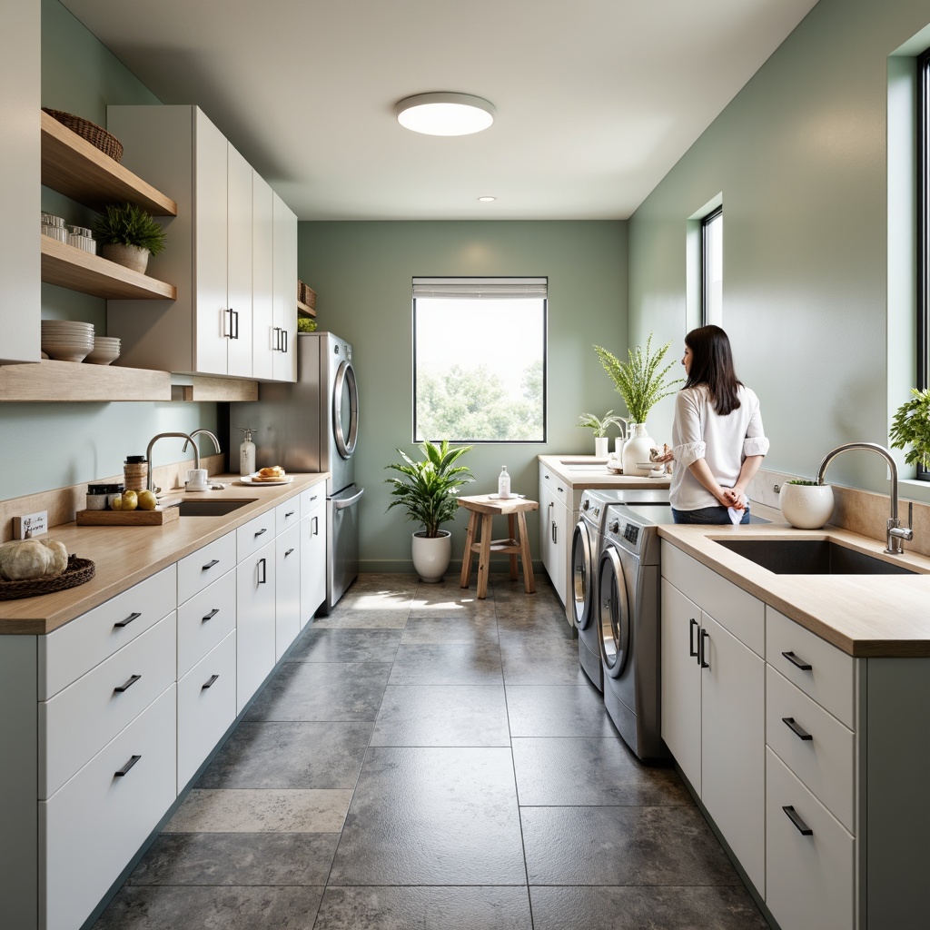 Prompt: Laundry room interior, durable countertops, scratch-resistant surfaces, sleek modern cabinets, stainless steel appliances, functional sink basins, ample storage space, natural stone flooring, bright overhead lighting, soft pastel colors, 1/1 composition, shallow depth of field, realistic textures, ambient occlusion.