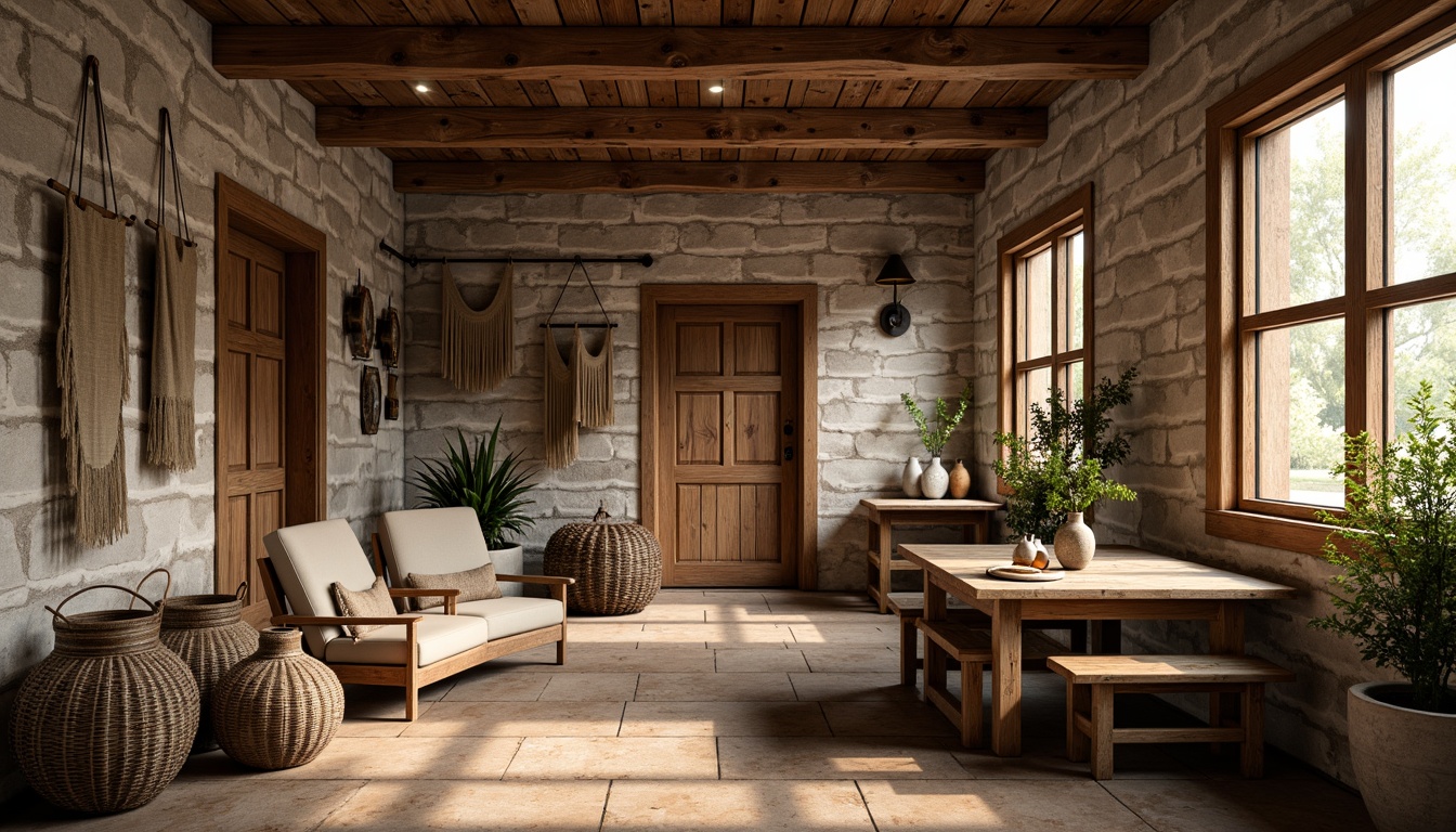 Prompt: Rustic wooden accents, natural stone walls, earthy color palette, woven textiles, vintage decorative items, distressed finishes, exposed brickwork, reclaimed wood planks, artisanal ceramic tiles, organic shapes, asymmetrical compositions, warm ambient lighting, soft shadows, shallow depth of field, 1/1 composition, realistic textures, atmospheric perspective.