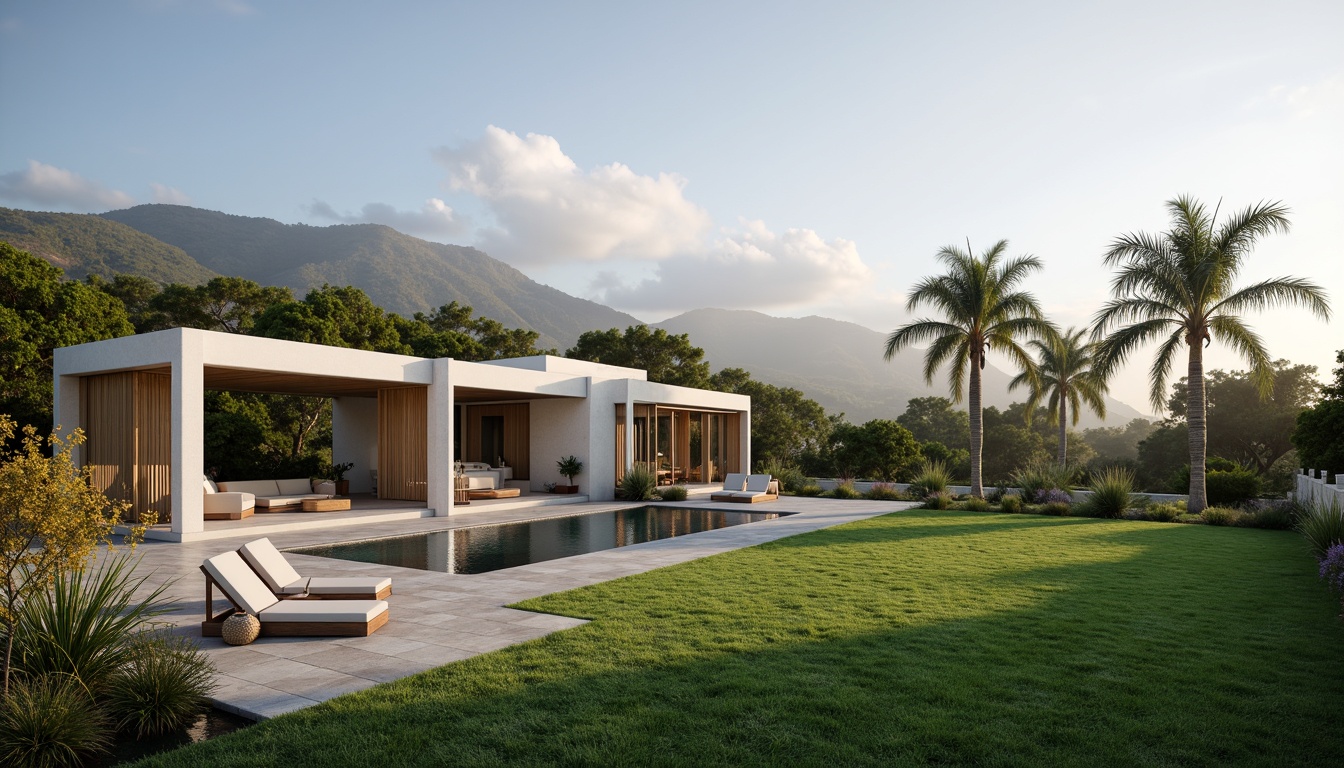 Prompt: Luxurious villa, expansive open spaces, lush green lawns, serene water features, modern minimalist architecture, clean lines, large glass windows, sliding doors, natural stone flooring, wooden accents, comfortable outdoor seating, ambient warm lighting, soft shadows, 1/1 composition, panoramic view, realistic textures, atmospheric misting.