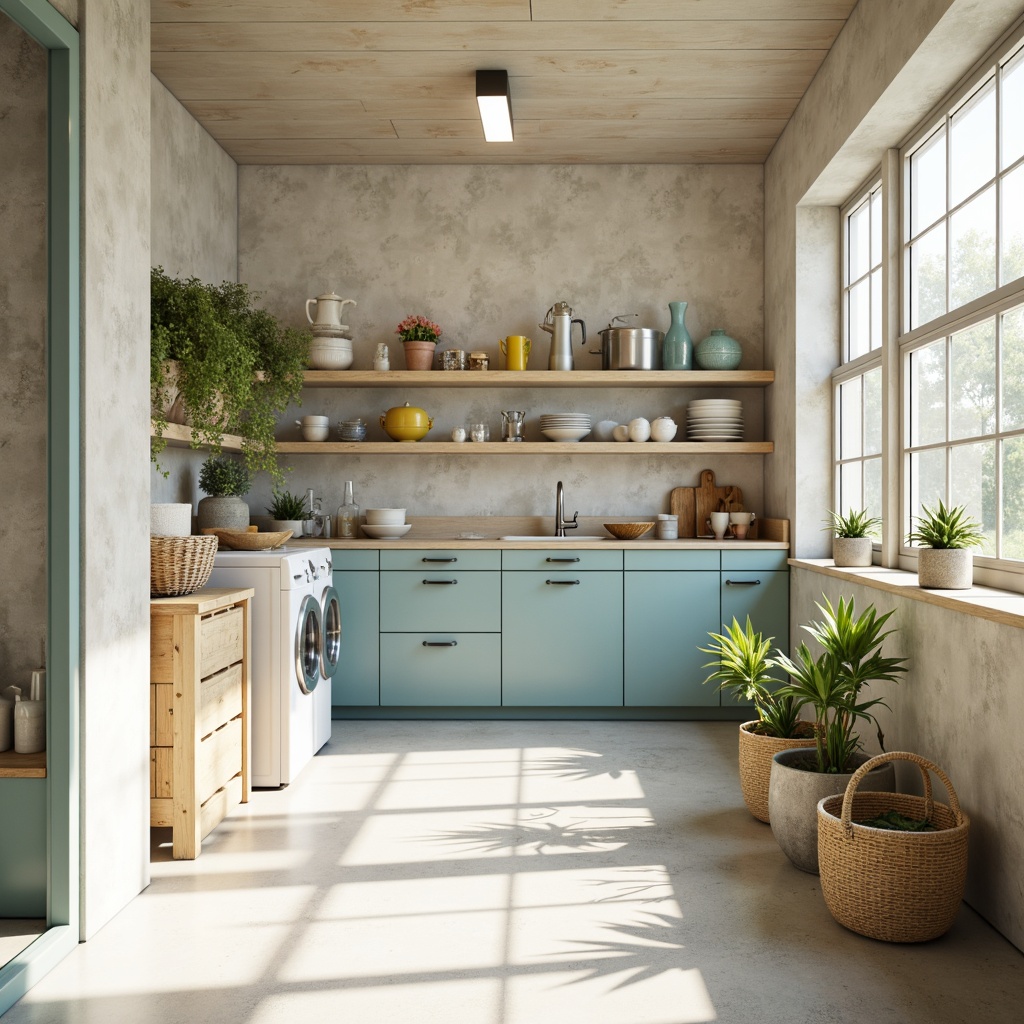 Prompt: Vibrant laundry room, soft pastel hues, calming whites, creamy beiges, gentle blues, warm yellows, natural wood tones, industrial metal accents, sleek modern appliances, ample storage spaces, natural light pouring in, airy atmosphere, subtle texture contrasts, 3/4 composition, realistic reflections, ambient occlusion.