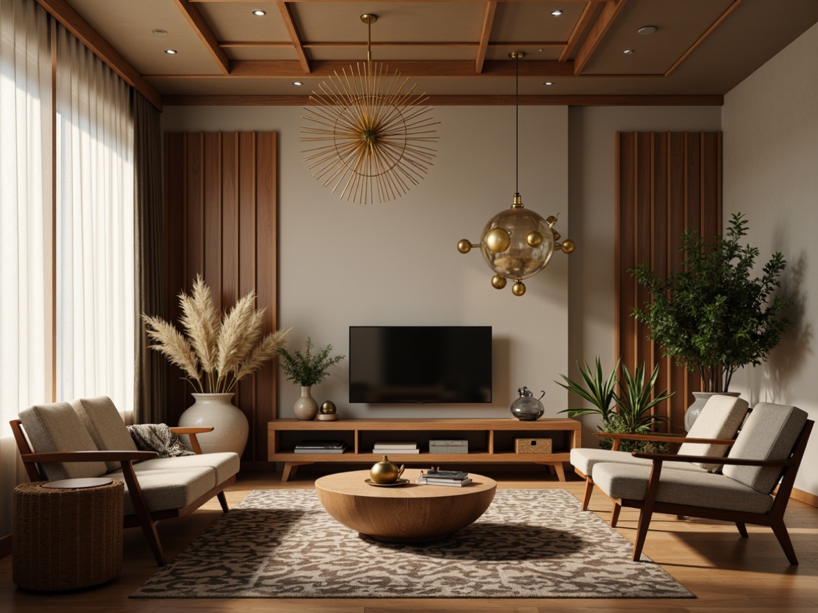 Prompt: Mid-century modern living room, sleek wooden furniture, geometric patterned rug, statement lighting fixtures, sputnik chandeliers, globe pendants, brass accents, minimalist decor, natural materials, earthy color palette, warm ambient glow, softbox lighting, 1/1 composition, realistic textures, subtle shading, cozy atmosphere, intimate scale, retro-inspired vibe.