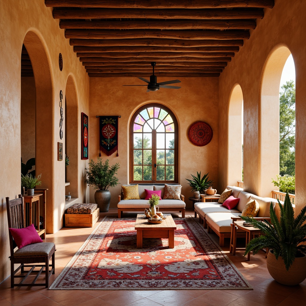 Prompt: Vibrant villa interior, southwestern style, stained glass windows, warm earthy tones, terracotta floors, rustic wooden beams, cozy nooks, plush furnishings, colorful tapestries, woven baskets, natural textiles, soft diffused lighting, warm golden accents, geometric patterns, intricate mosaics, desert-inspired color palette, adobe-style architecture, arched doorways, tranquil ambiance, 1/2 composition, shallow depth of field, realistic renderings.