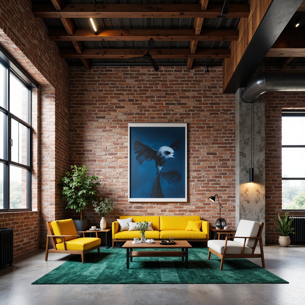 Prompt: Exposed brick walls, industrial metal beams, reclaimed wood accents, polished concrete floors, minimalist decor, monochromatic color scheme, bold colorful accents, vibrant yellow furniture, deep blue artwork, emerald green rugs, rich walnut wood tones, matte black metal fixtures, industrial-style lighting, open floor plan, high ceilings, urban loft atmosphere, natural light pouring in, soft warm glow, 1/1 composition, realistic textures, ambient occlusion.