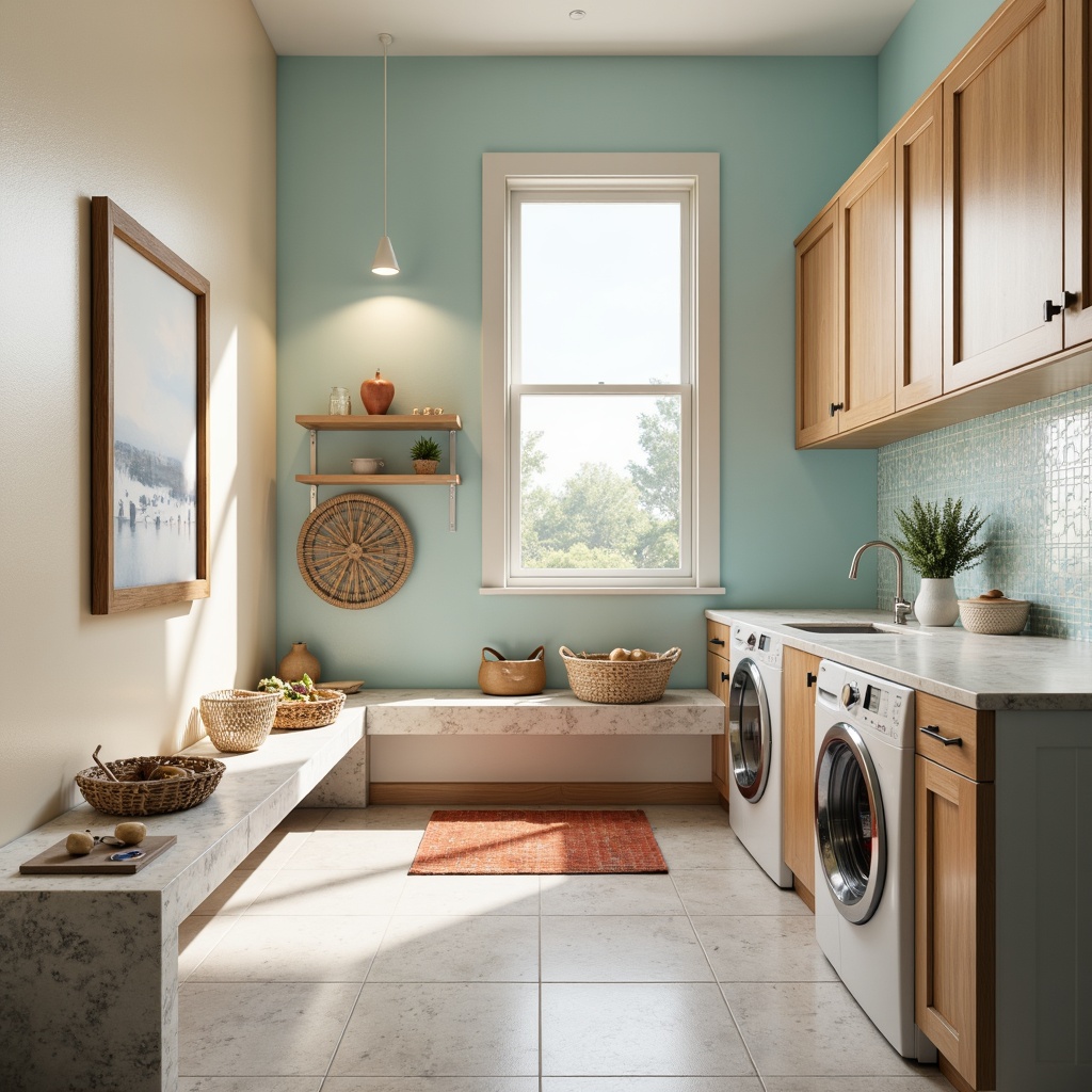 Prompt: Vibrant laundry room, soft pastel hues, calming whites, creamy beiges, soothing blues, warm earthy tones, natural stone countertops, wooden cabinetry, sleek metal appliances, modern minimalist design, ample natural light, bright overhead lighting, subtle textures, 3/4 composition, shallow depth of field, realistic render.