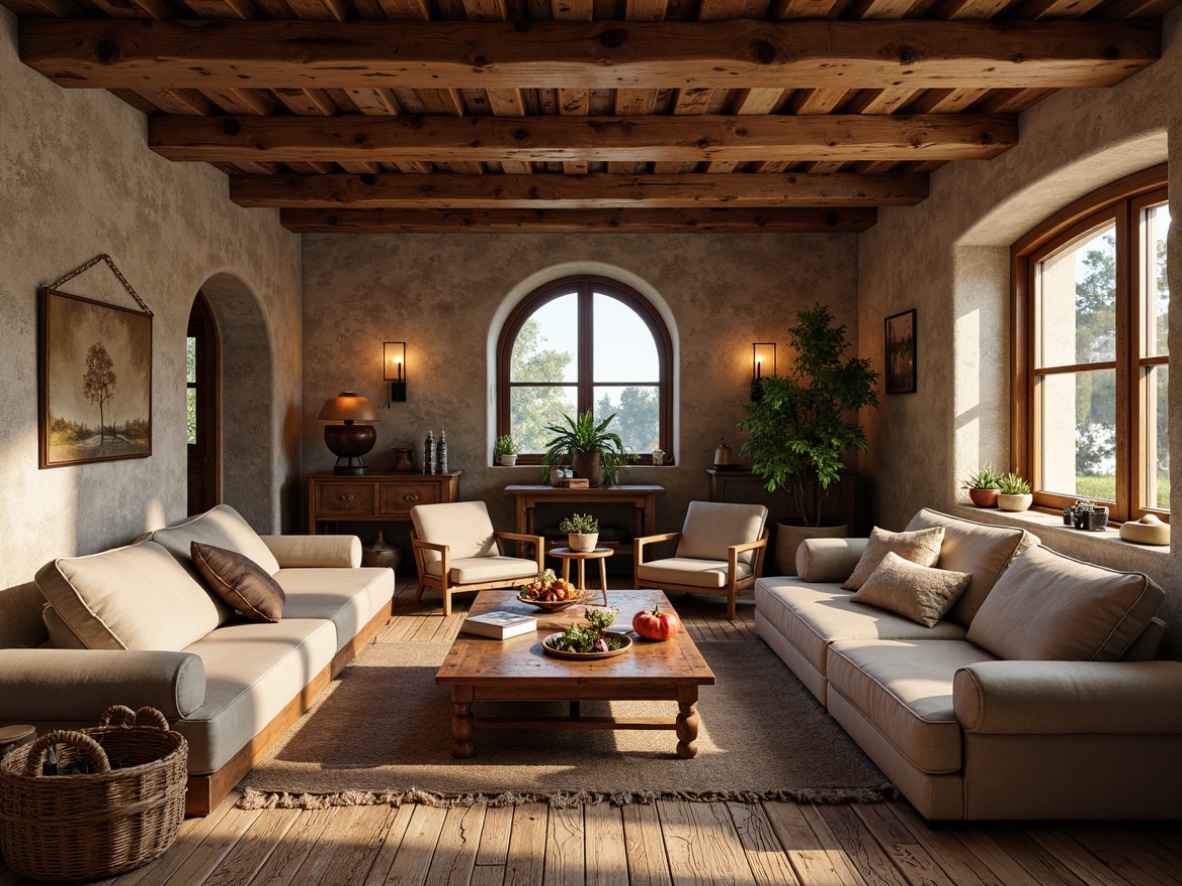 Prompt: Rustic wooden beams, natural stone walls, earthy color palette, woven baskets, vintage furniture, distressed leather upholstery, linen fabrics, burlap textures, reclaimed wood accents, antique metal hardware, candlelit ambiance, warm soft lighting, cozy reading nooks, plush area rugs, nature-inspired patterns, organic shapes, earthy scent, autumnal atmosphere, 1/1 composition, shallow depth of field, realistic textures.