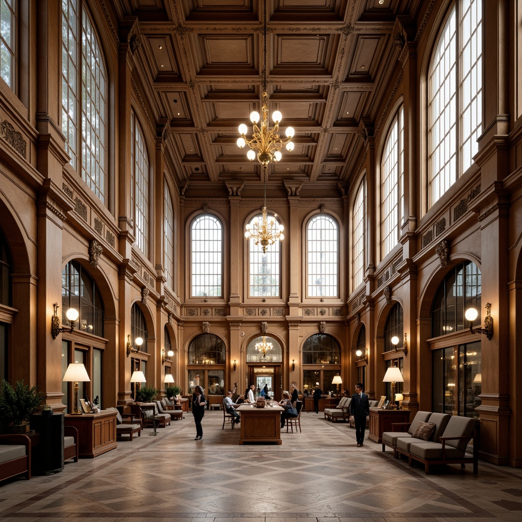 Prompt: Grand banking hall, high ceilings, ornate chandeliers, wooden paneling, classical columns, intricate moldings, large windows with arches, stained glass details, bronze metal frames, subtle Art Deco patterns, neutral color palette, soft warm lighting, shallow depth of field, 3/4 composition, realistic textures, ambient occlusion.