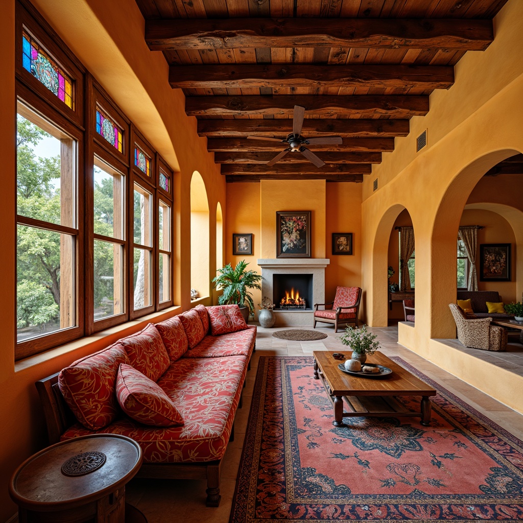 Prompt: Vibrant southwestern villa, warm earthy tones, rustic wooden beams, arched windows, colorful stained glass accents, intricate geometric patterns, ornate metal fixtures, rich tapestries, plush furnishings, cozy fireplaces, soft warm lighting, shallow depth of field, 1/1 composition, realistic textures, ambient occlusion.