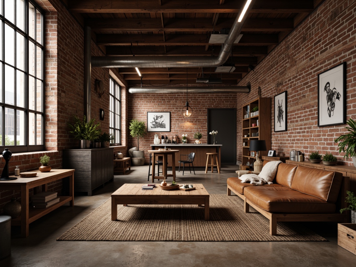 Prompt: Rustic industrial workshop, exposed brick walls, metal beams, reclaimed wood furniture, distressed leather upholstery, vintage factory lighting, metal mesh details, wooden crates, urban loft atmosphere, open space layout, minimalist decor, functional design, rich brown colors, warm ambient lighting, shallow depth of field, 1/1 composition, realistic textures, subtle wear and tear effects.