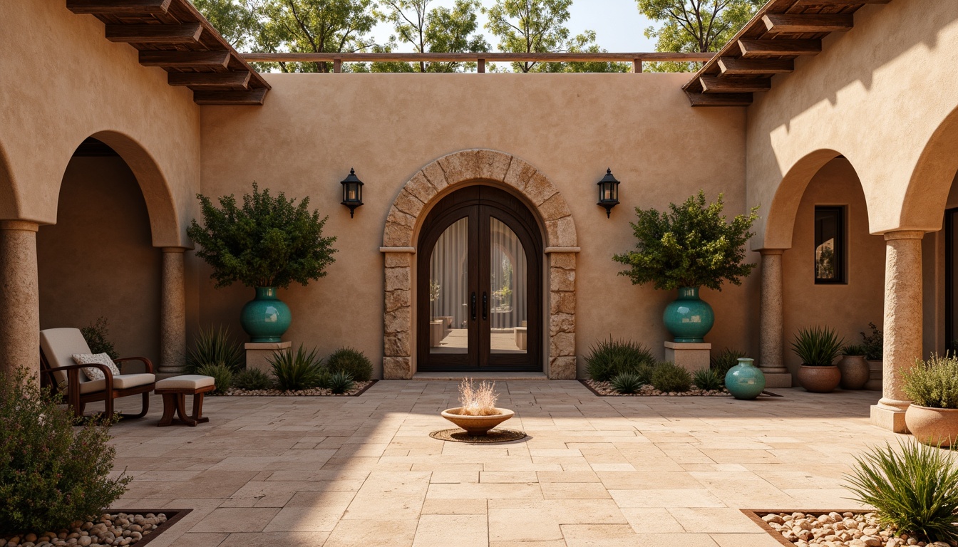 Prompt: Adobe earth tones, rustic stucco walls, wooden beams, clay tile roofs, ornate metalwork, wrought iron door handles, terra cotta planters, desert flora, succulent arrangements, warm sandy courtyard, Spanish-inspired archways, textured stone columns, curved lines, vibrant turquoise accents, geometric patterned tiles, natural fiber textiles, earthy color palette, warm golden lighting, shallow depth of field, 1/1 composition, realistic materials, ambient occlusion.