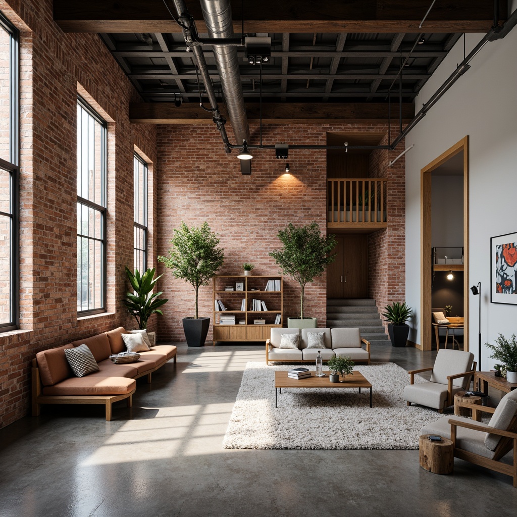 Prompt: Exposed brick walls, high ceilings, metal beams, polished concrete floors, industrial-chic decor, reclaimed wood accents, functional workstations, ergonomic chairs, minimalist desks, modern lighting fixtures, urban loft atmosphere, cozy reading nooks, plush area rugs, neutral color palette, textured throw blankets, abstract artwork, industrial-style shelving units, metal and glass coffee tables, comfortable sectionals, floor-to-ceiling curtains, soft warm lighting, shallow depth of field, 1/2 composition, realistic textures.