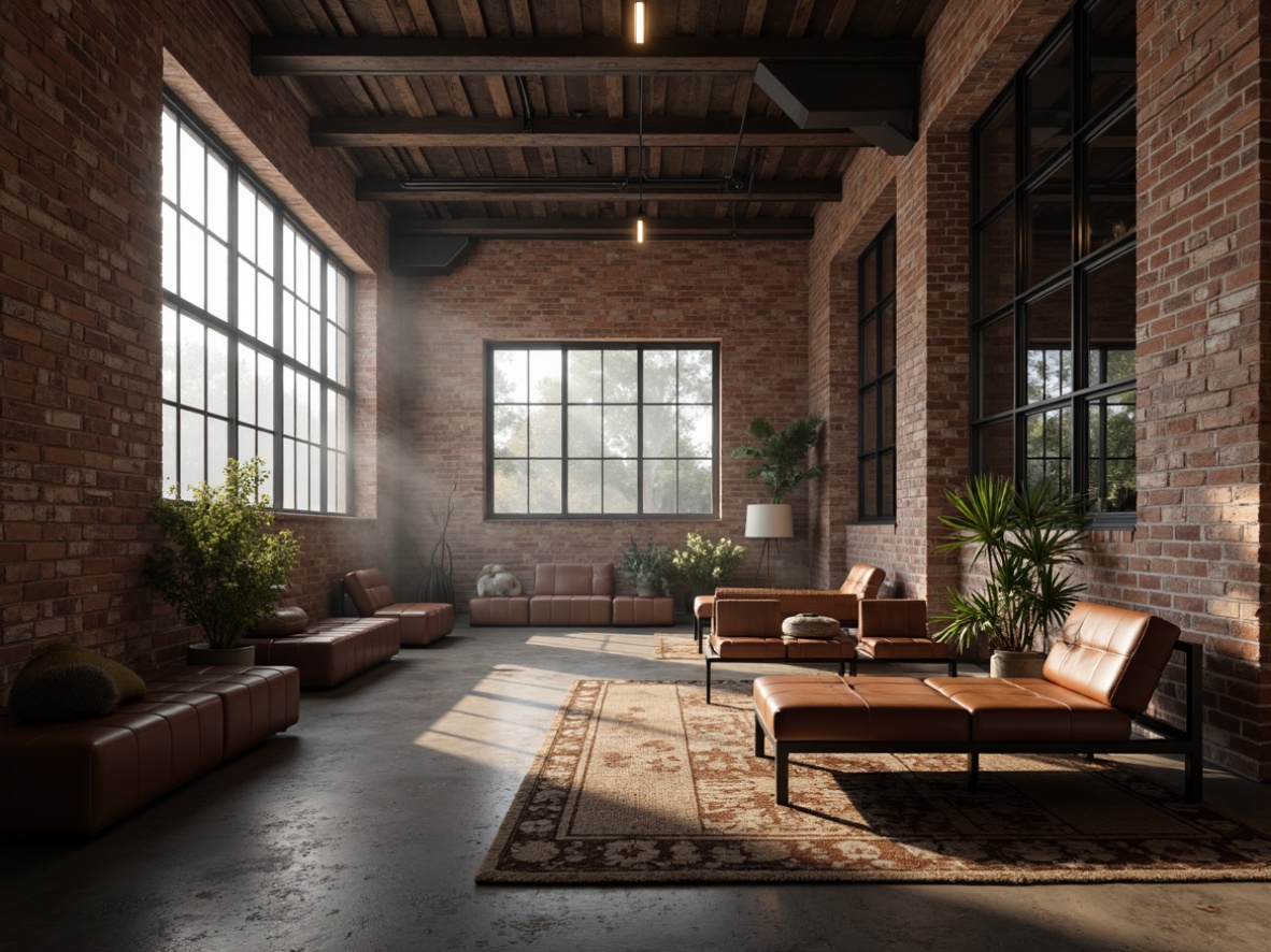 Prompt: Rustic industrial warehouse, exposed brick walls, metal beams, reclaimed wood accents, distressed leather upholstery, minimalist steel frames, functional modular designs, urban loft atmosphere, dim warm lighting, atmospheric fog, shallow depth of field, 1/1 composition, realistic metallic textures, ambient occlusion.